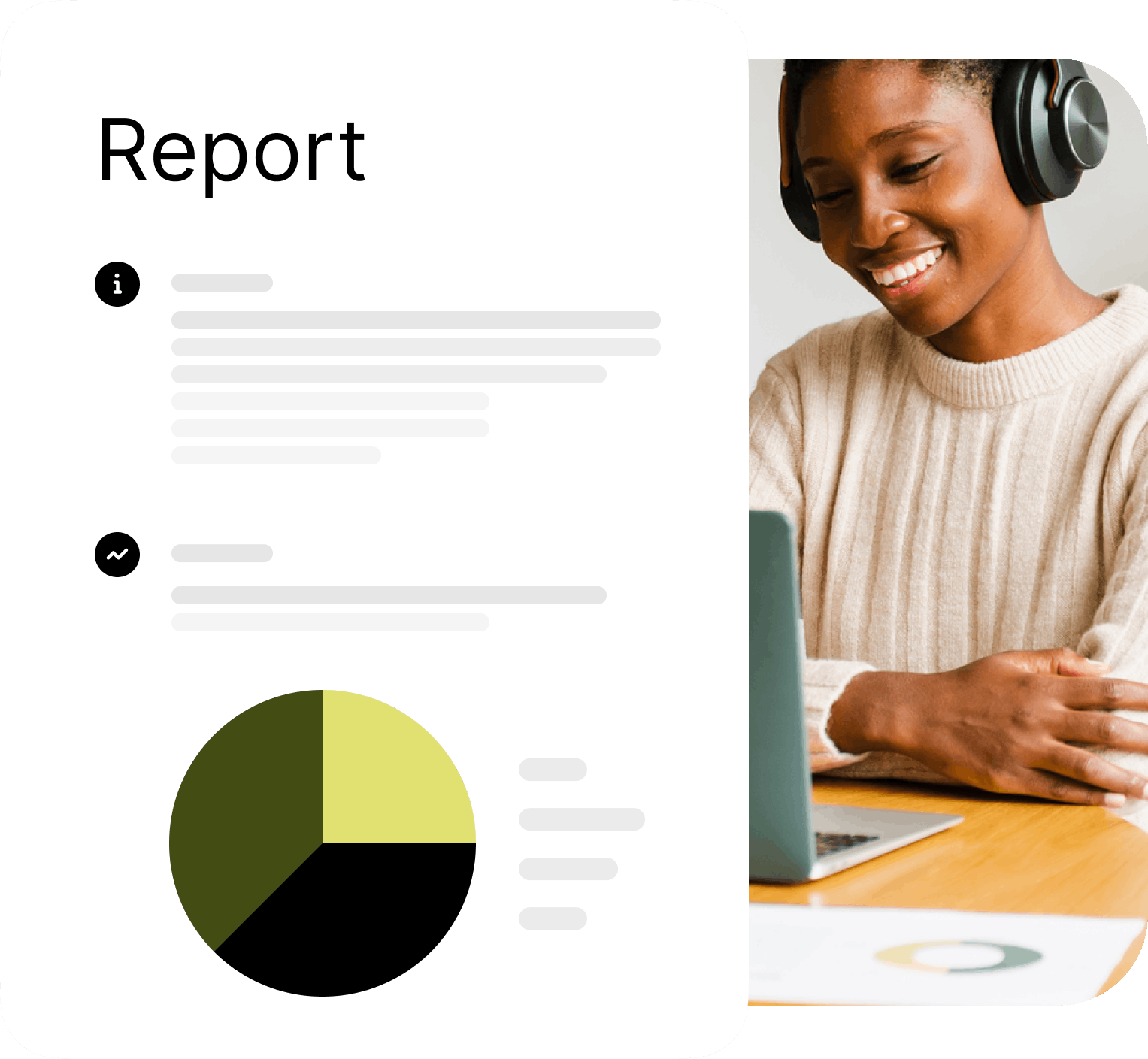 An illustration of a mock report with a pie chart