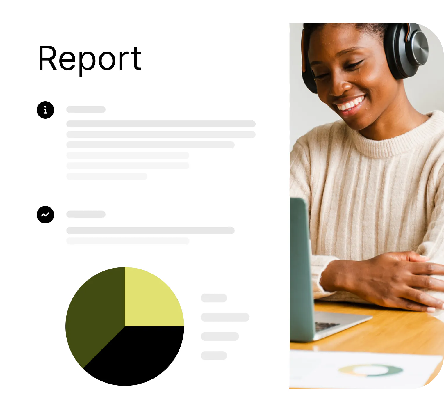 An illustration of a mock report with a pie chart