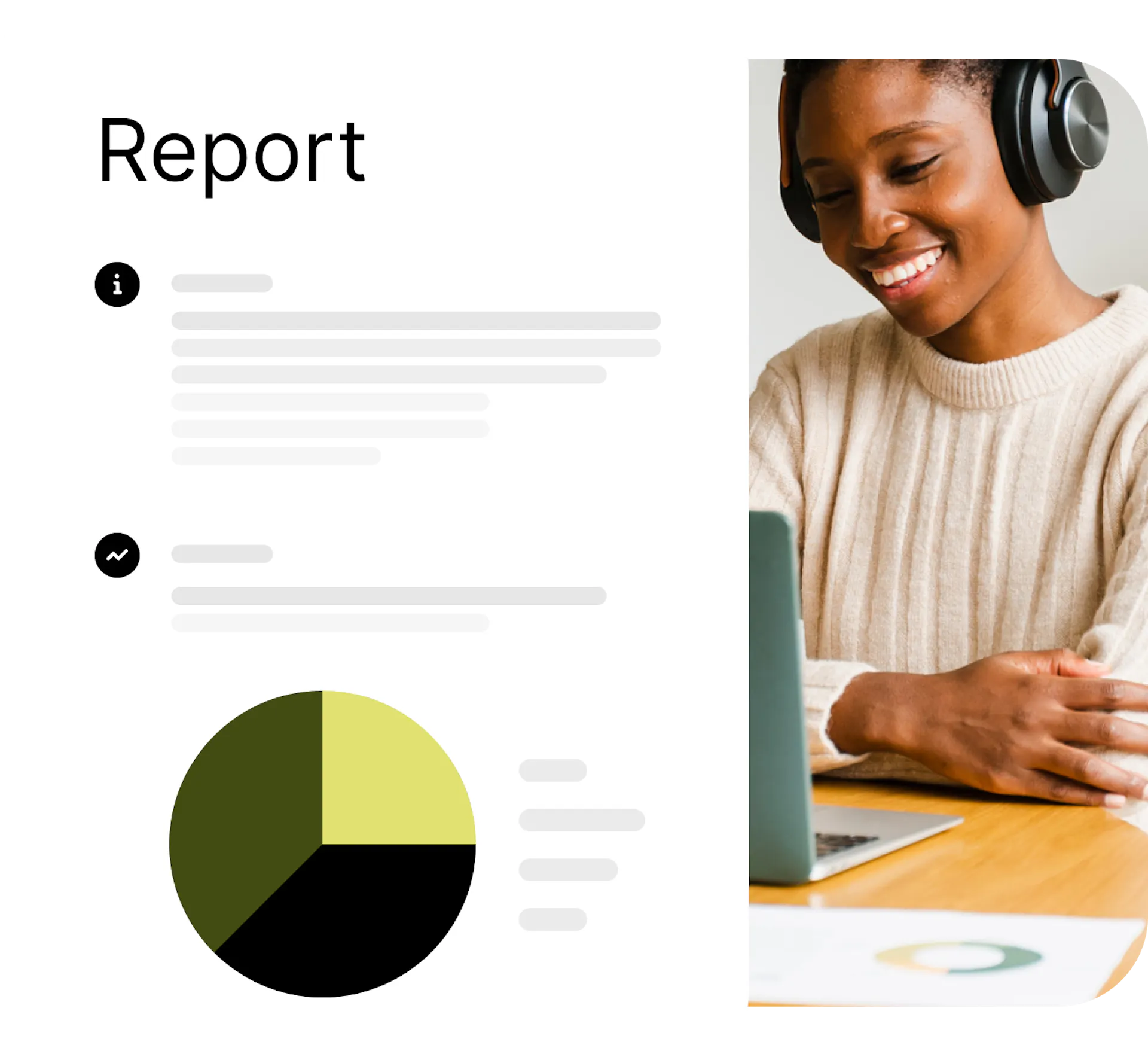 An illustration of a mock report with a pie chart