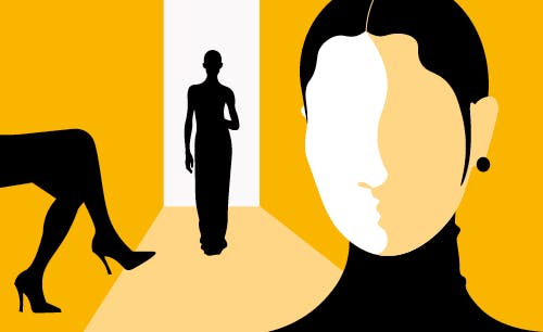 an illustration of a runway show and up-close model.