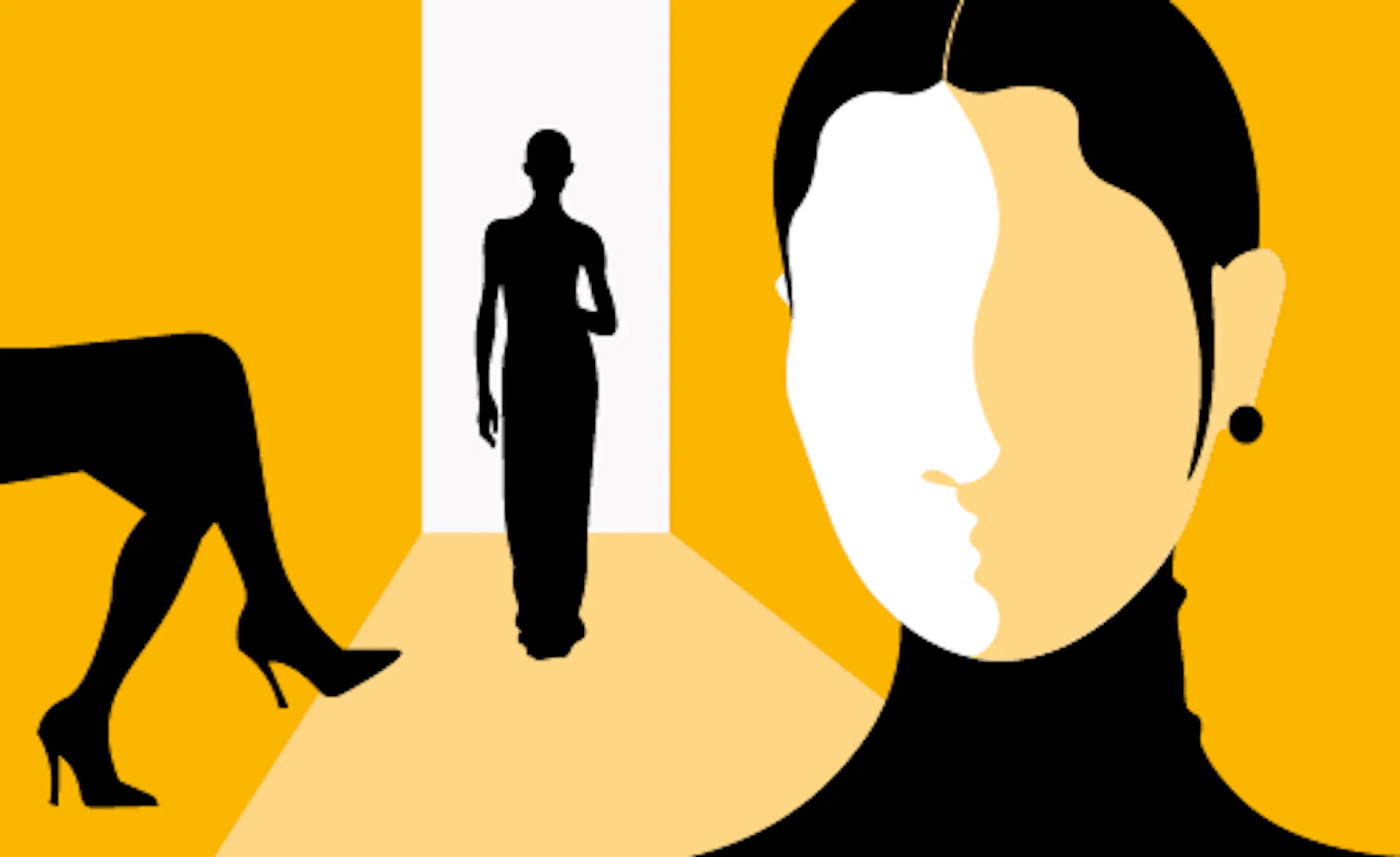 an illustration of a runway show and up-close model.