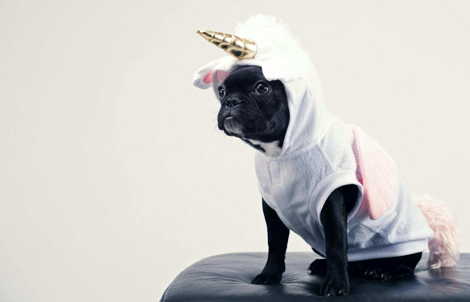 A dog wearing a unicorn costume.