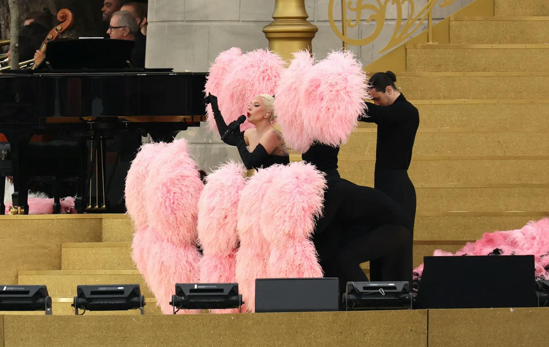 American singer Lady Gaga performing during Olympics 2024 Opening Ceremony.