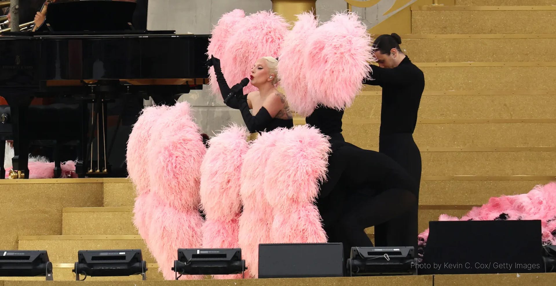 American singer Lady Gaga performing during Olympics 2024 Opening Ceremony. 