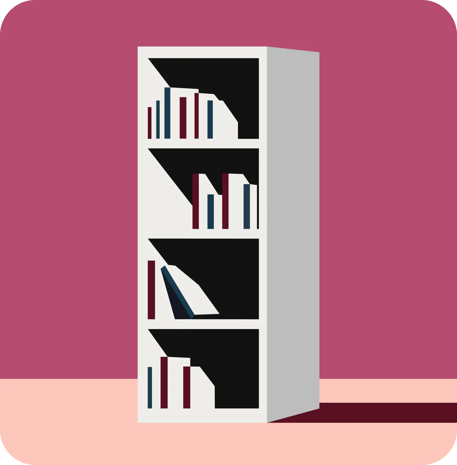 a bookcase with books on it on a pink background.