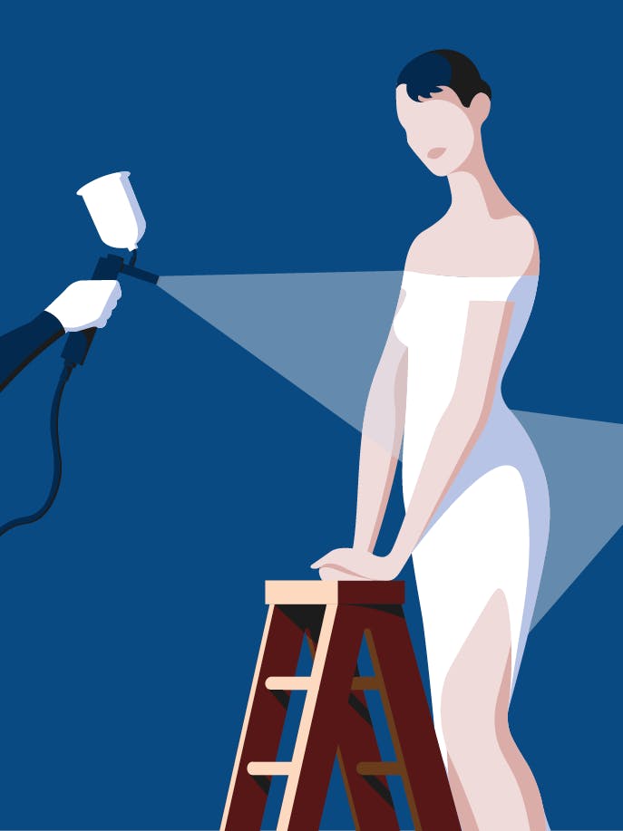 a woman in a white dress is standing on a ladder.