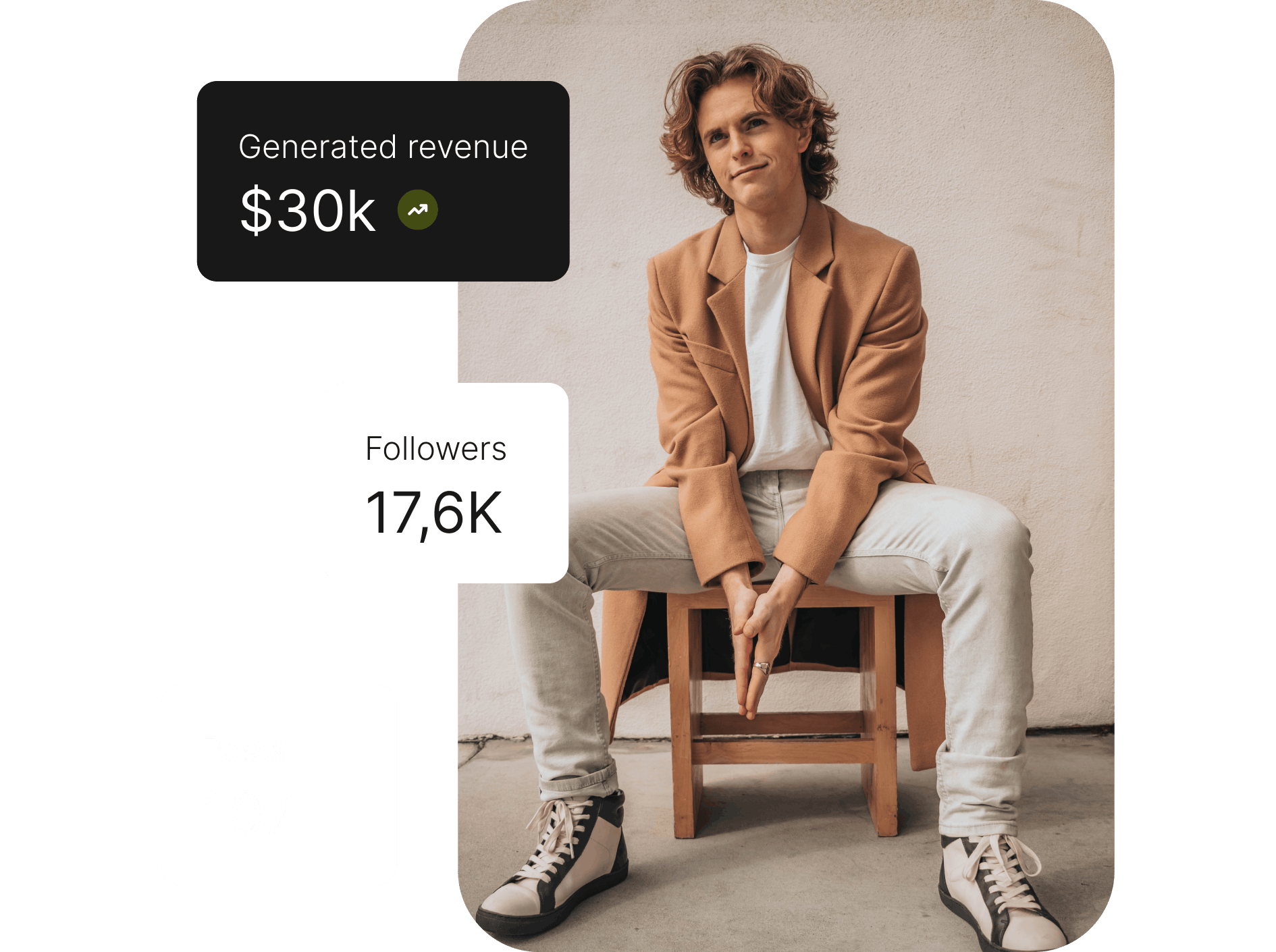 Picture of a sitting man with generated revenue data and followers count