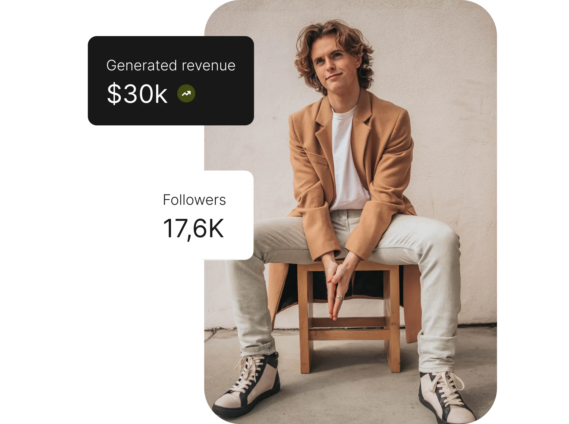 Picture of a sitting man with generated revenue data and followers count