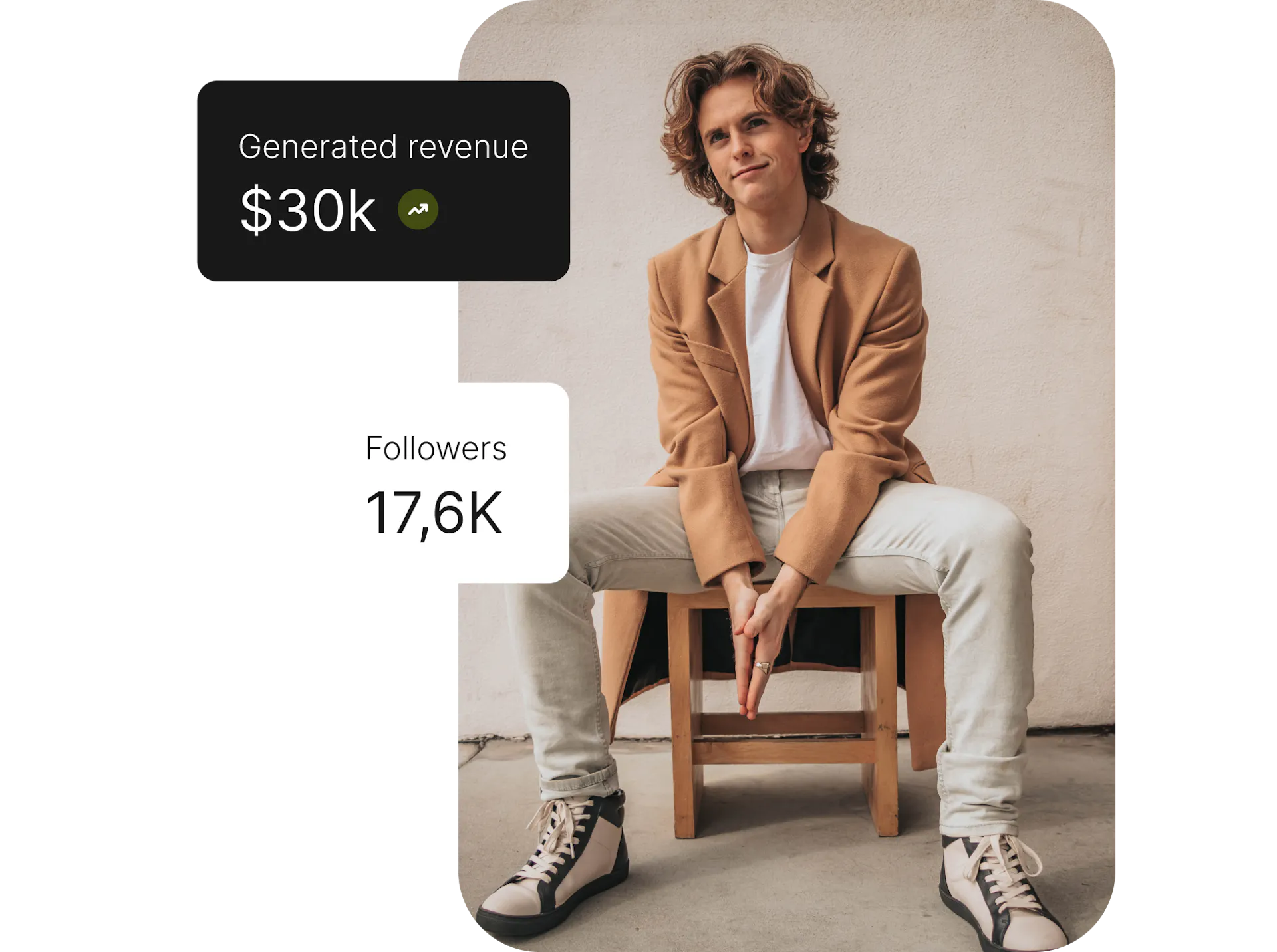 Picture of a sitting man with generated revenue data and followers count