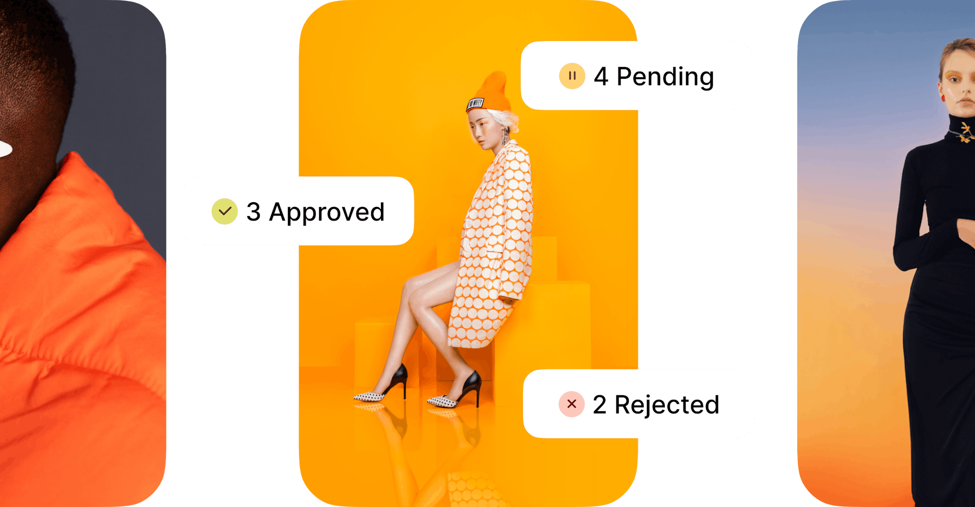 Pictures of people with pending, approved, and rejected pop-up messages.