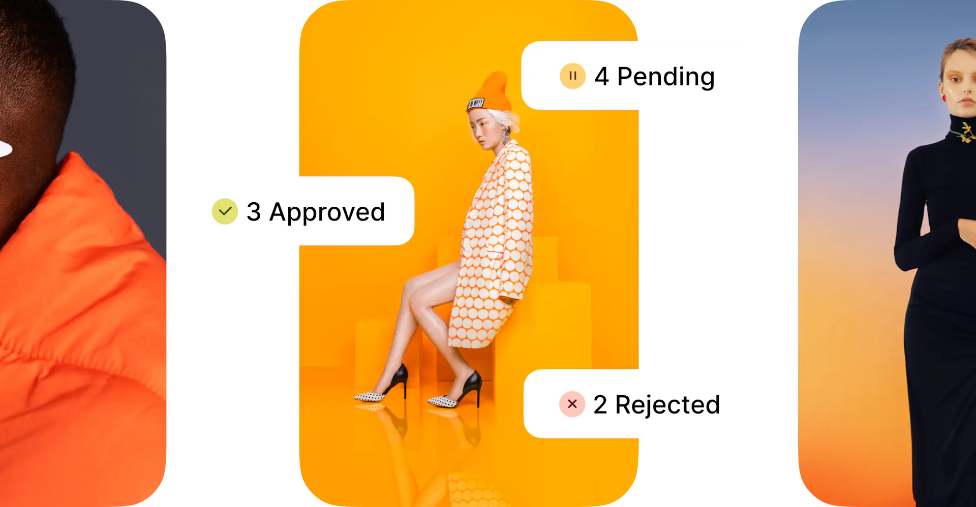 Pictures of people with pending, approved, and rejected pop-up messages.