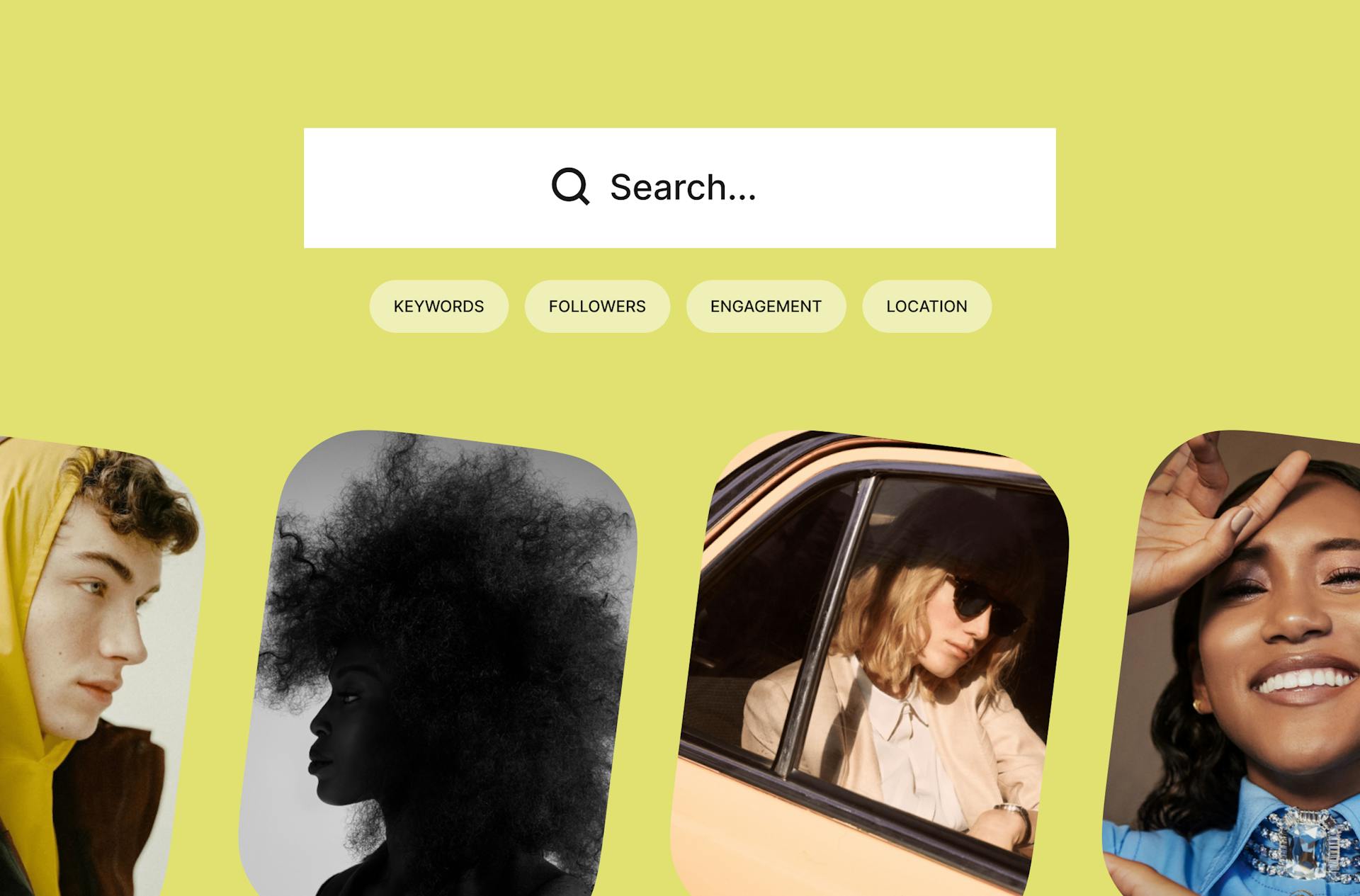 a yellow background with a search bar and pictures of different people.