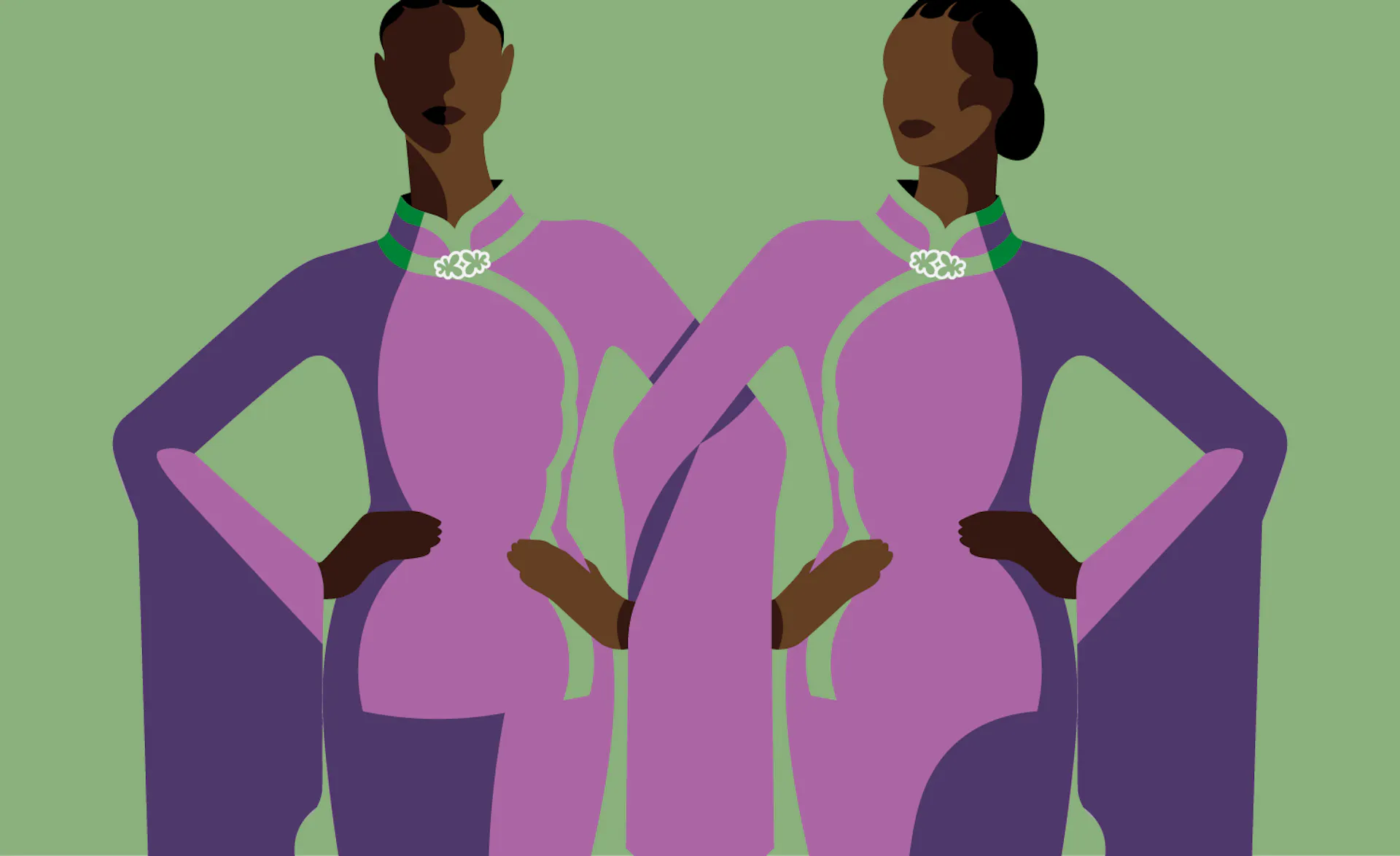 two women in purple dresses standing next to each other.
