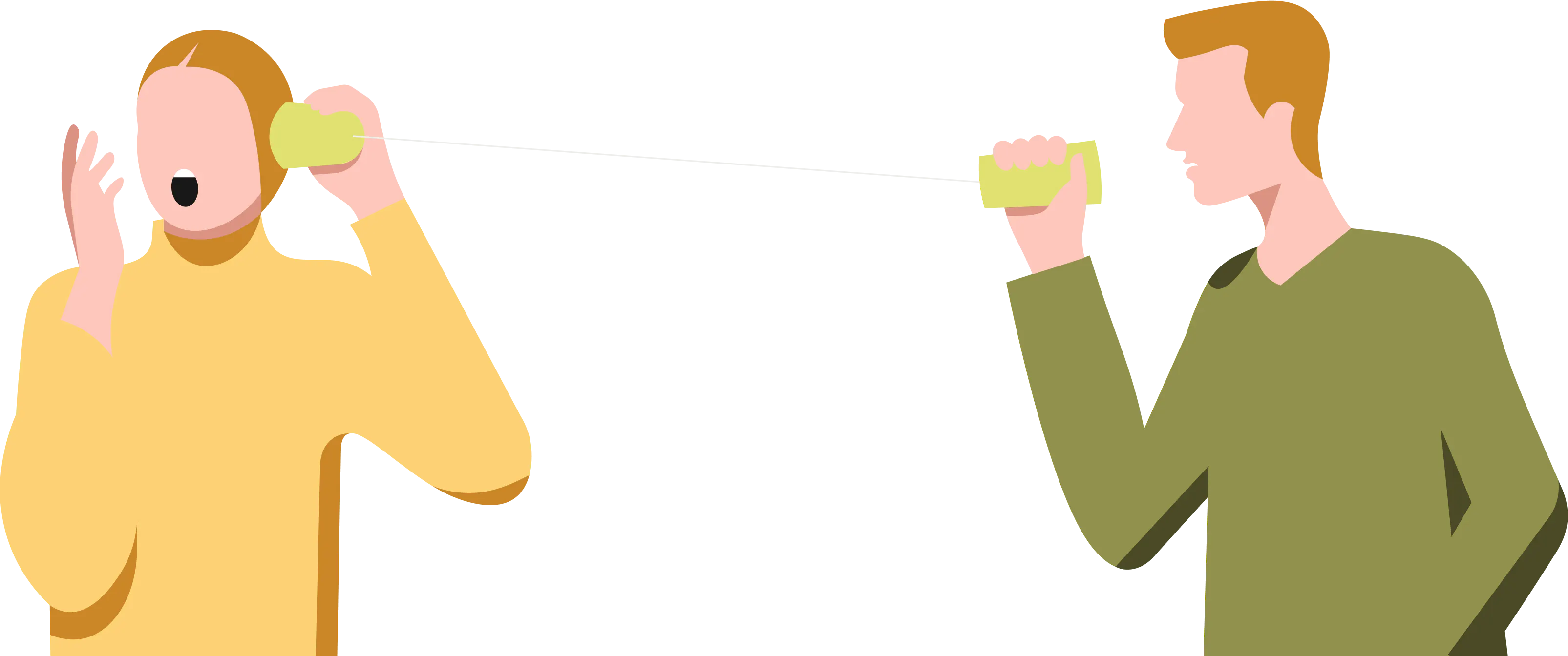 An illustration of two people talking to each other through cups and a string.
