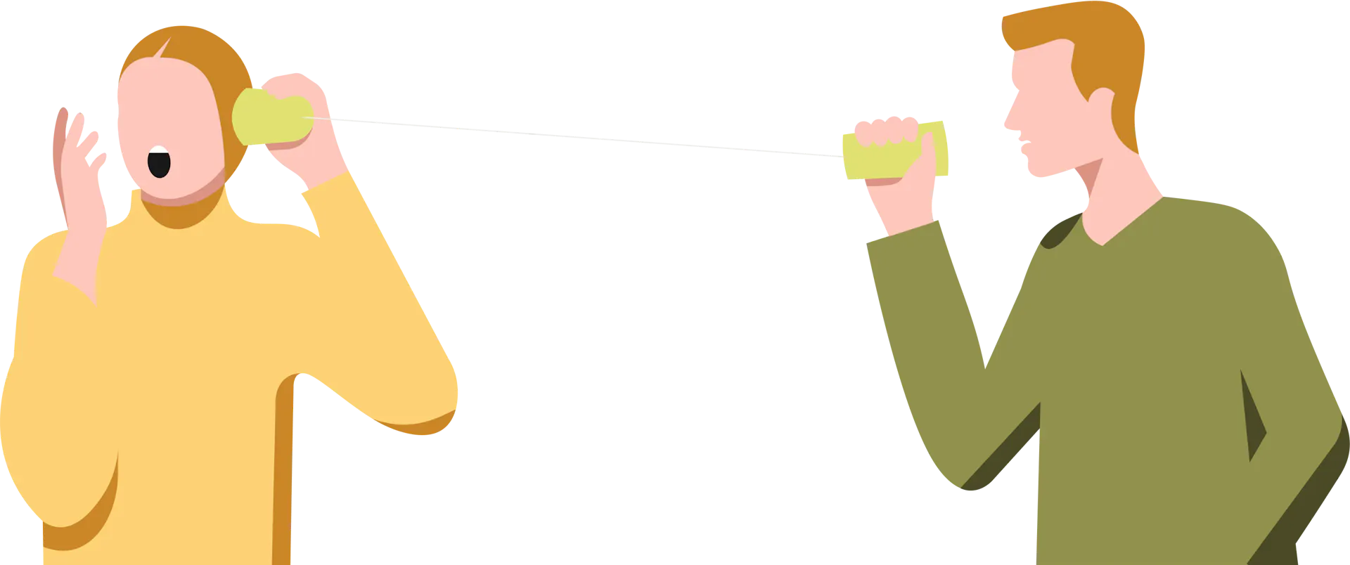 An illustration of two people talking to each other through cups and a string.
