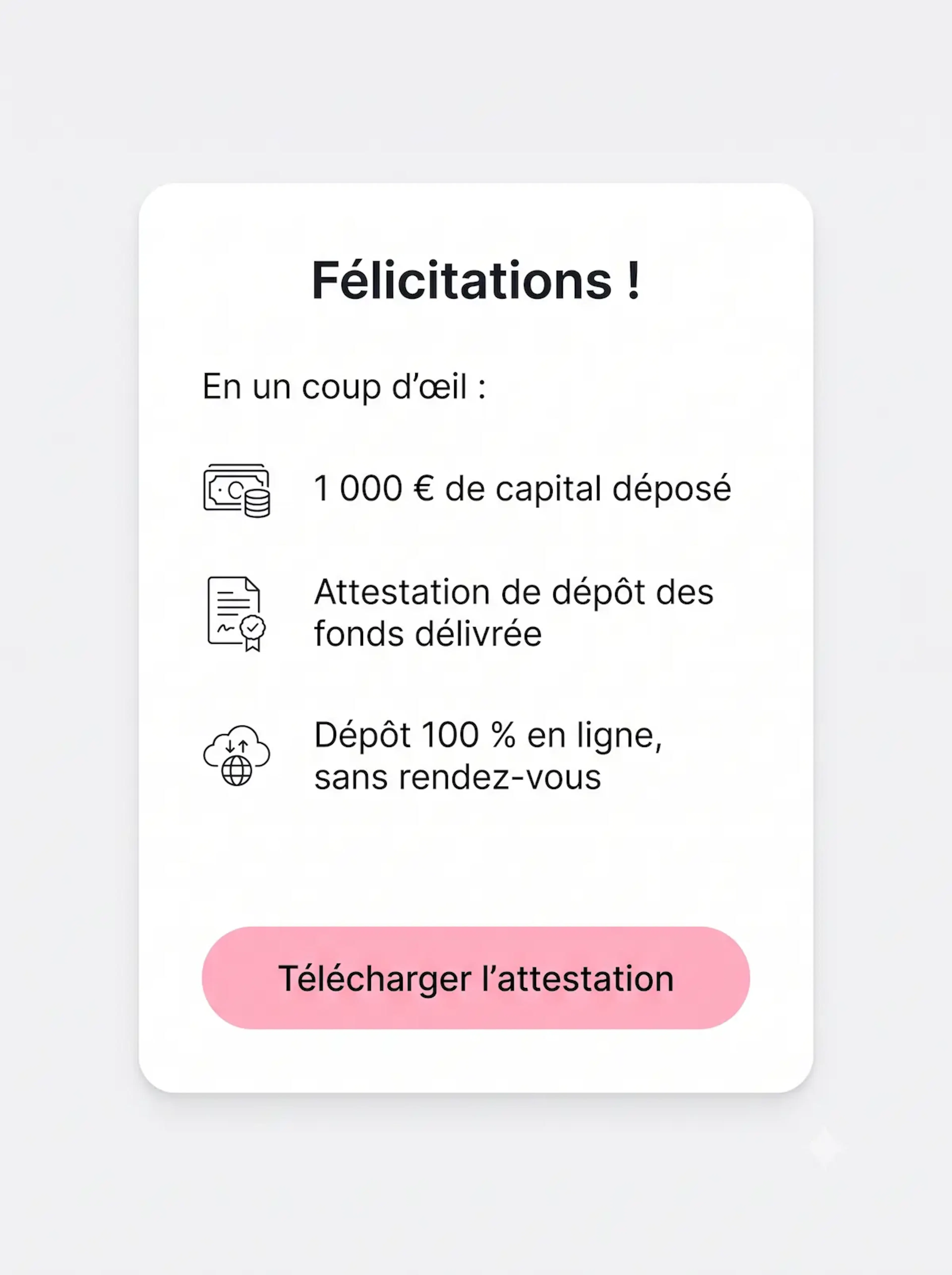 Attestation de dépôt de capital social délivrée en ligne