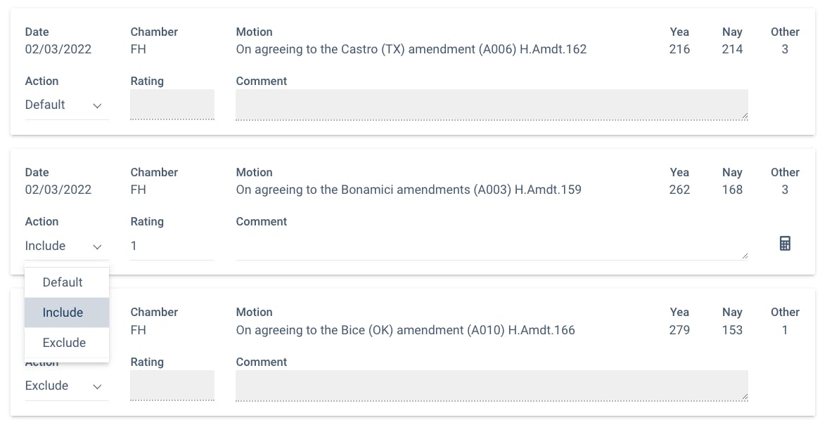 How to rate motions and amendments on bills