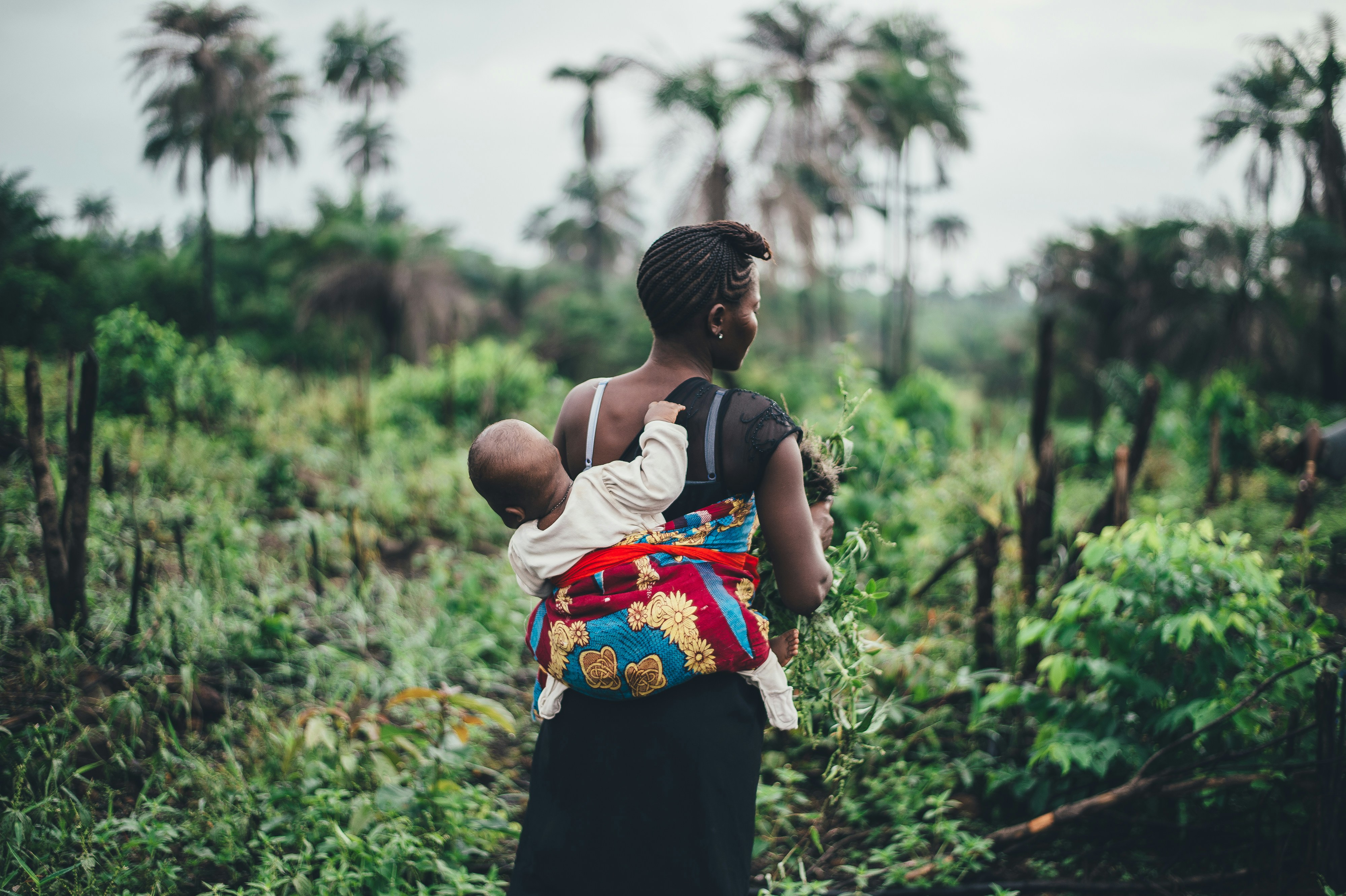 woman carrying child while harvesting food