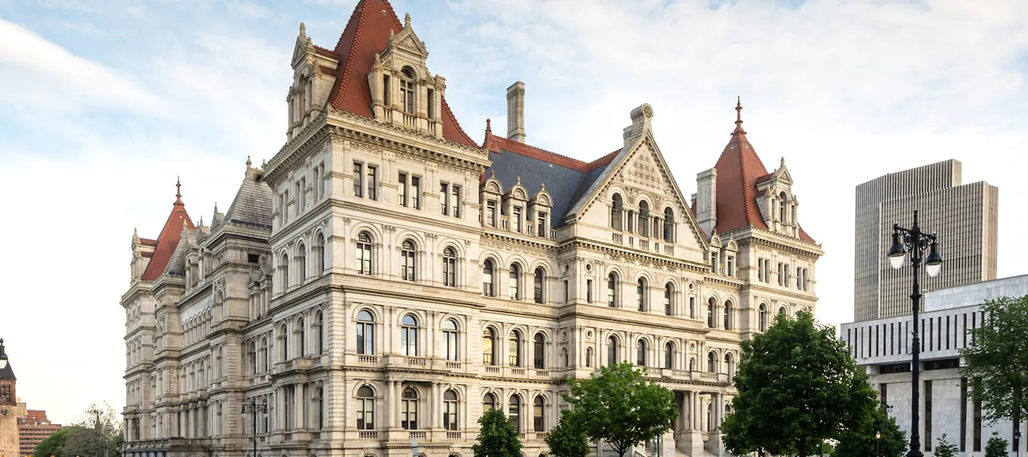 Front, left view of the New York State Capitol in Albany.
