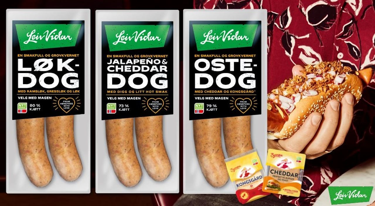 Fremstilling av nyheter som nå finnes i butikk: Løkdog, Jalapenos og cheddar-dog og Ostedog