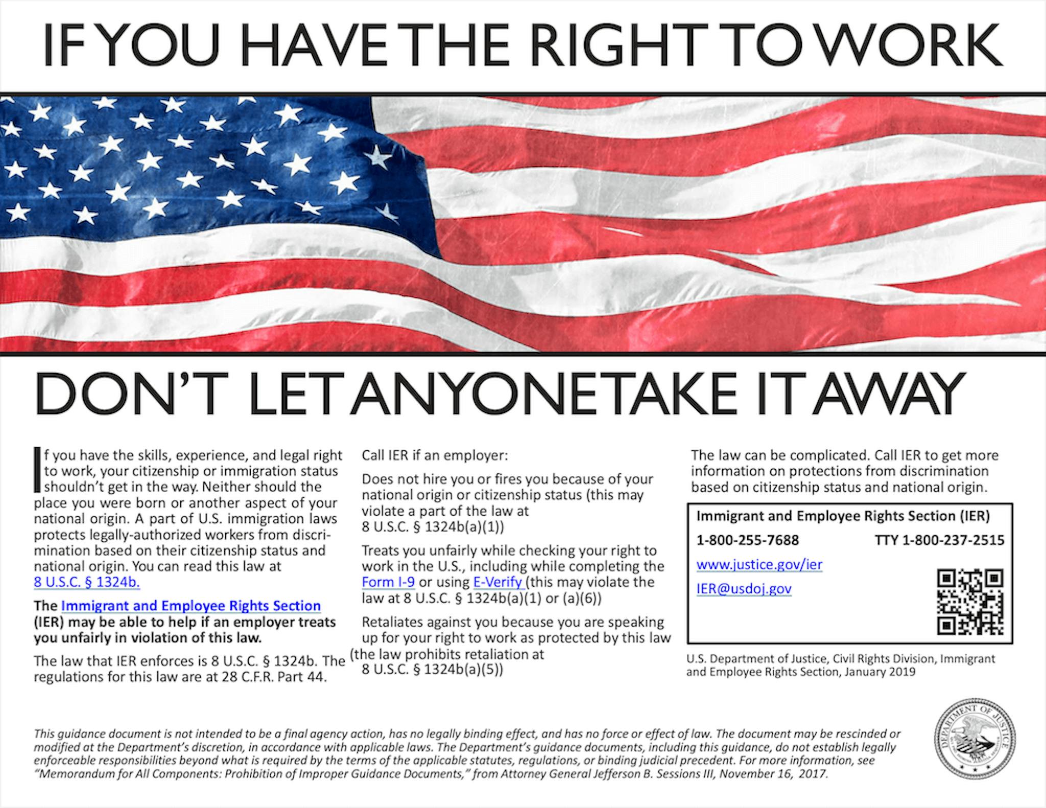 English language version of the United States IER Right to Work information poster