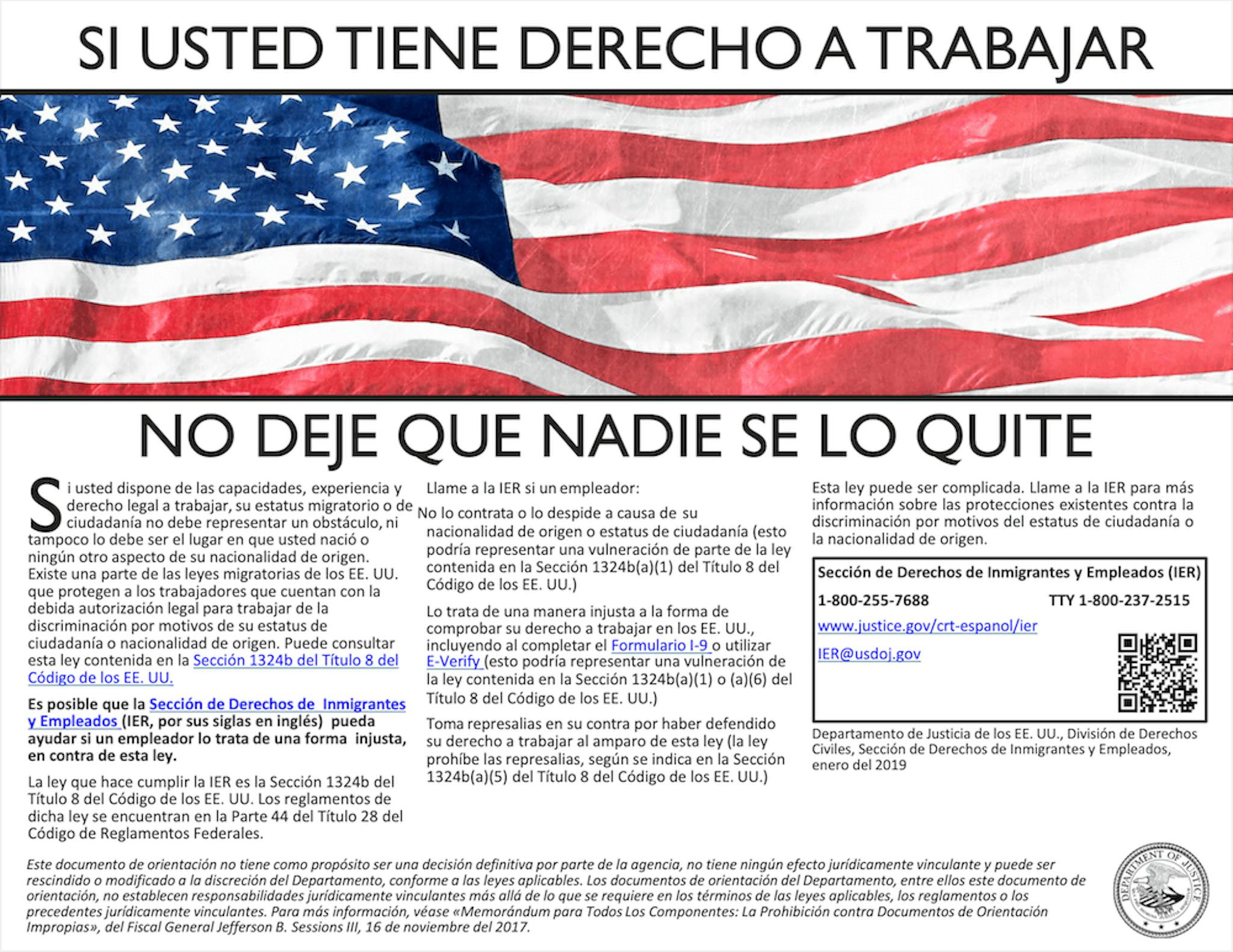 Versión en español del cartel informativo sobre el derecho al trabajo de la IER de los Estados Unidos