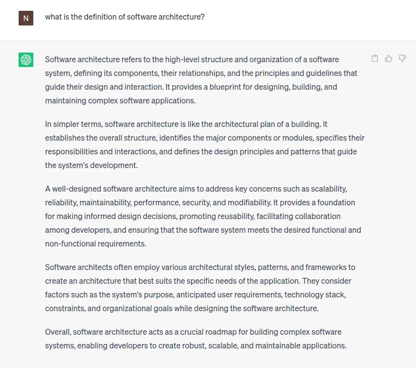 ChatGpt definition of software architecture