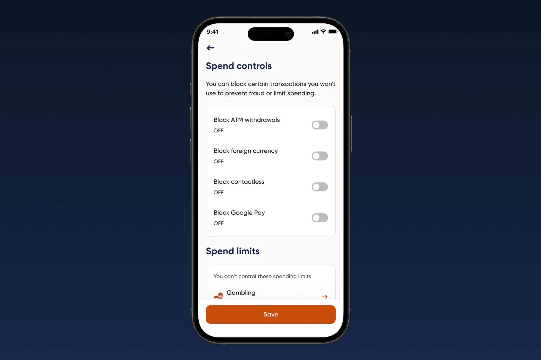Zable Card mobile application spend controls screen