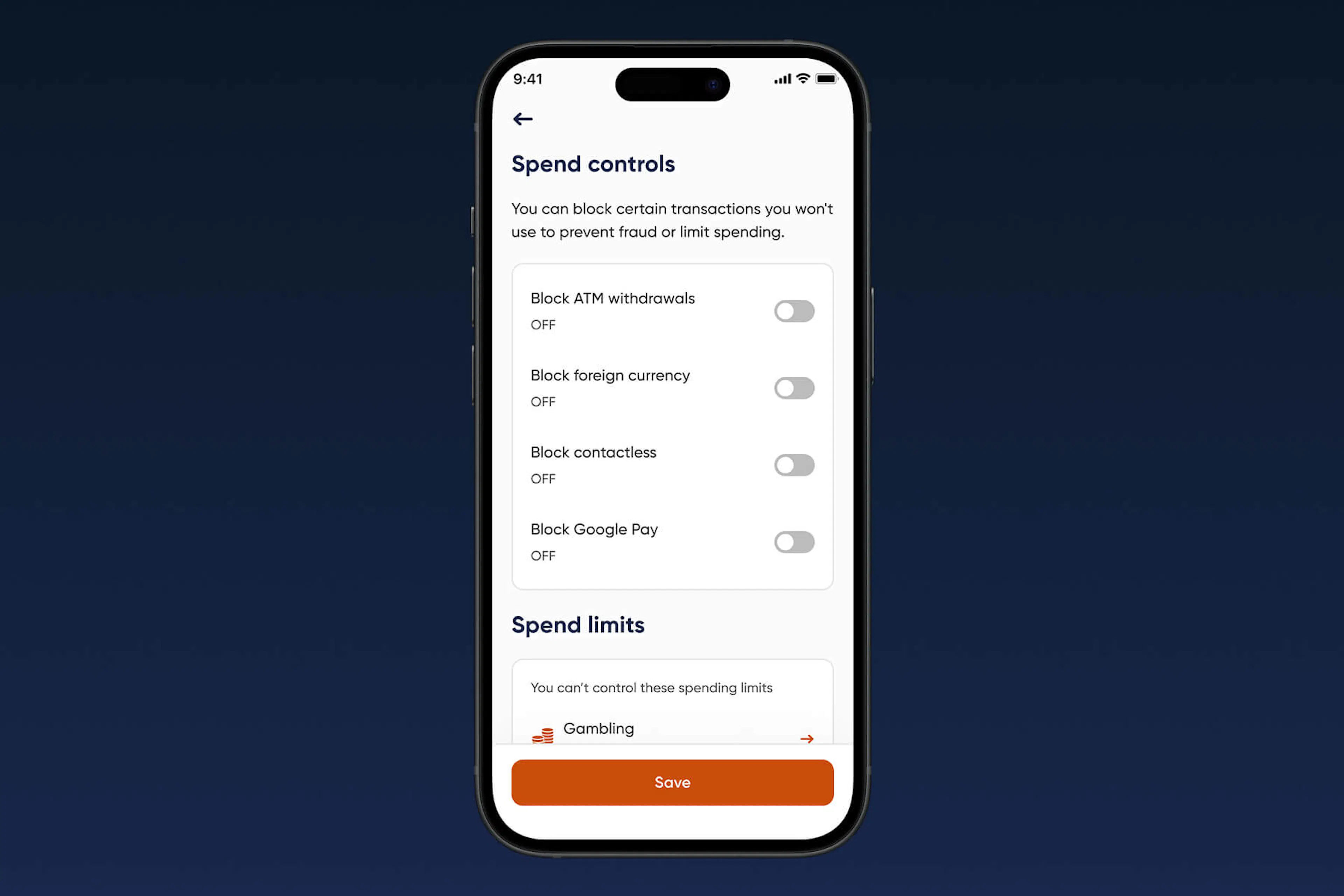 Zable Card mobile application spend controls screen