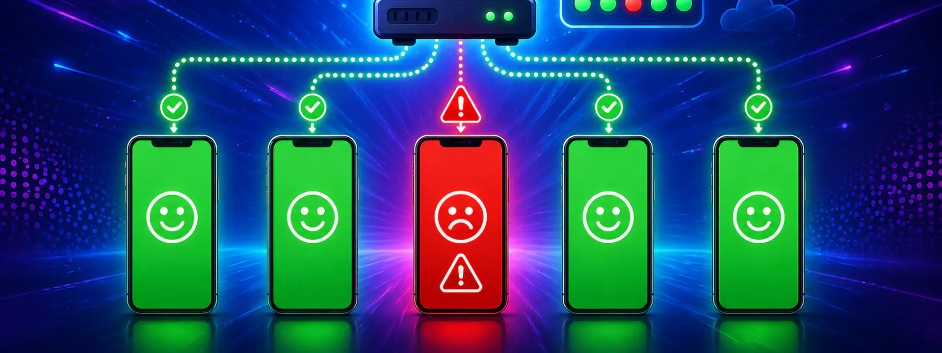 An illustration of a server sending successful and unsuccessful updates to 5 smartphones