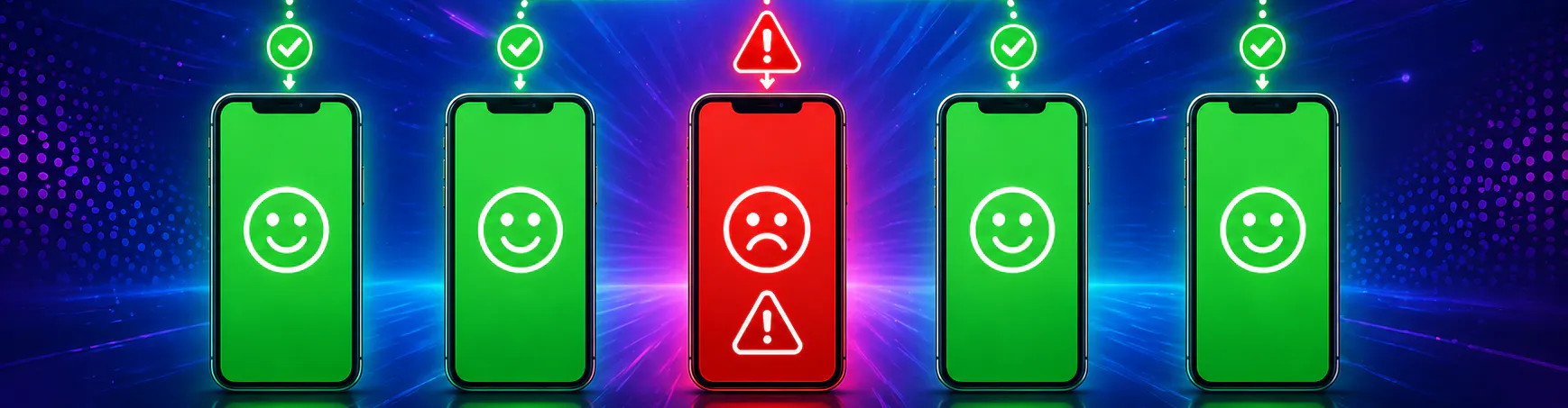 An illustration of a server sending successful and unsuccessful updates to 5 smartphones