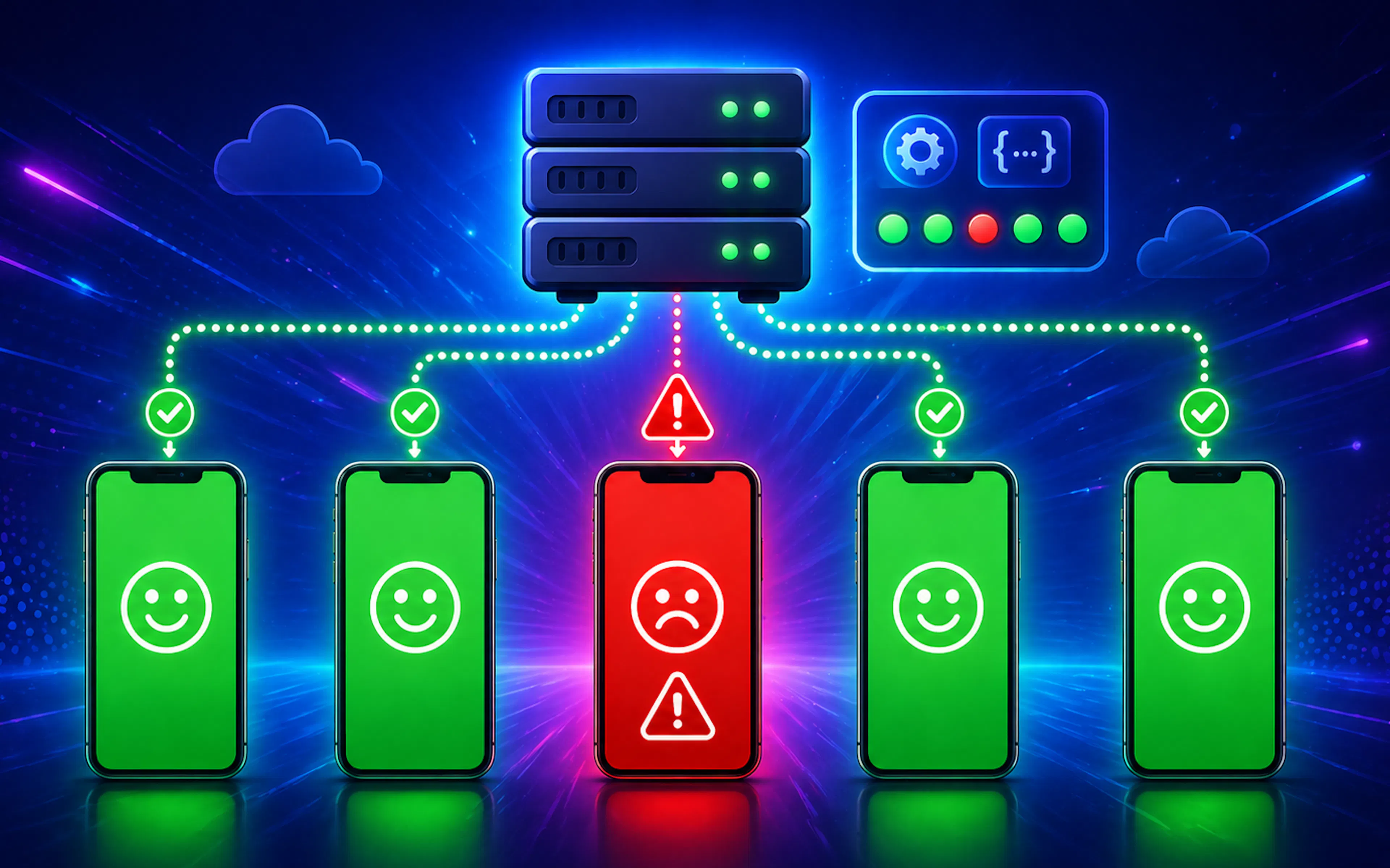 An illustration of a server sending successful and unsuccessful updates to 5 smartphones