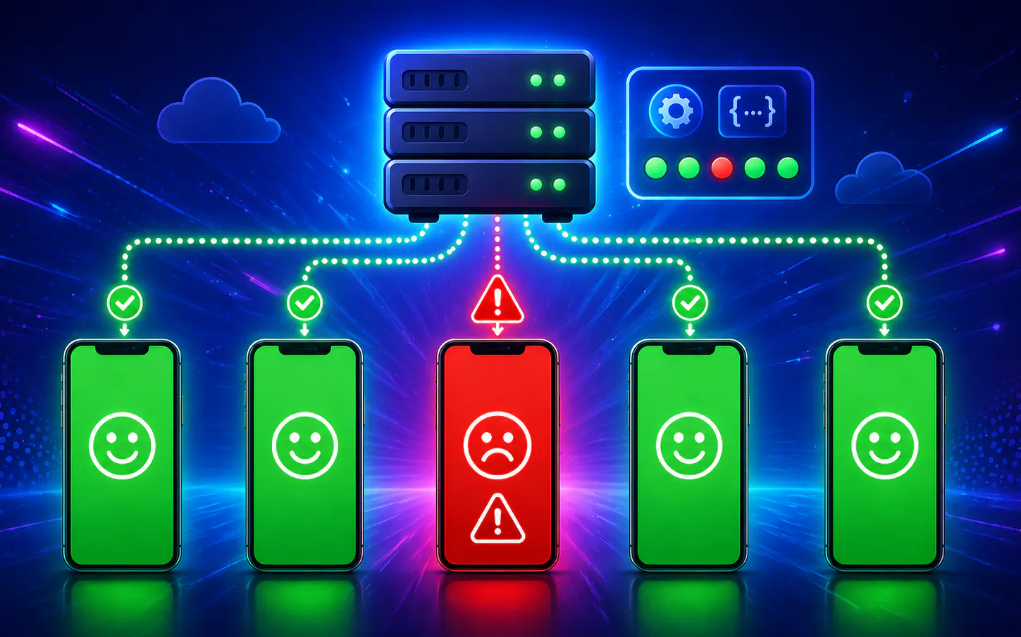 An illustration of a server sending successful and unsuccessful updates to 5 smartphones