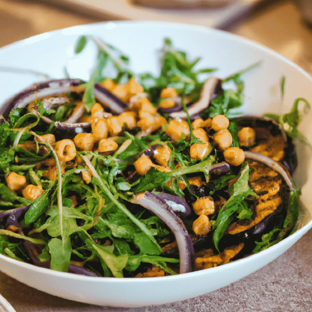 Salad with arugola, roasted eggplant, chickpeas and red onion