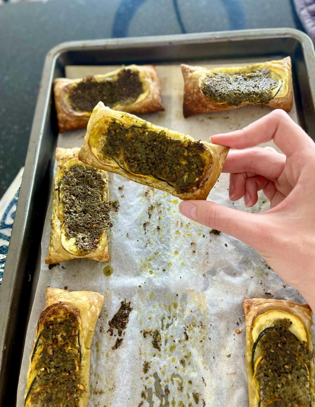 Pesto zucchini upside down puff pastry