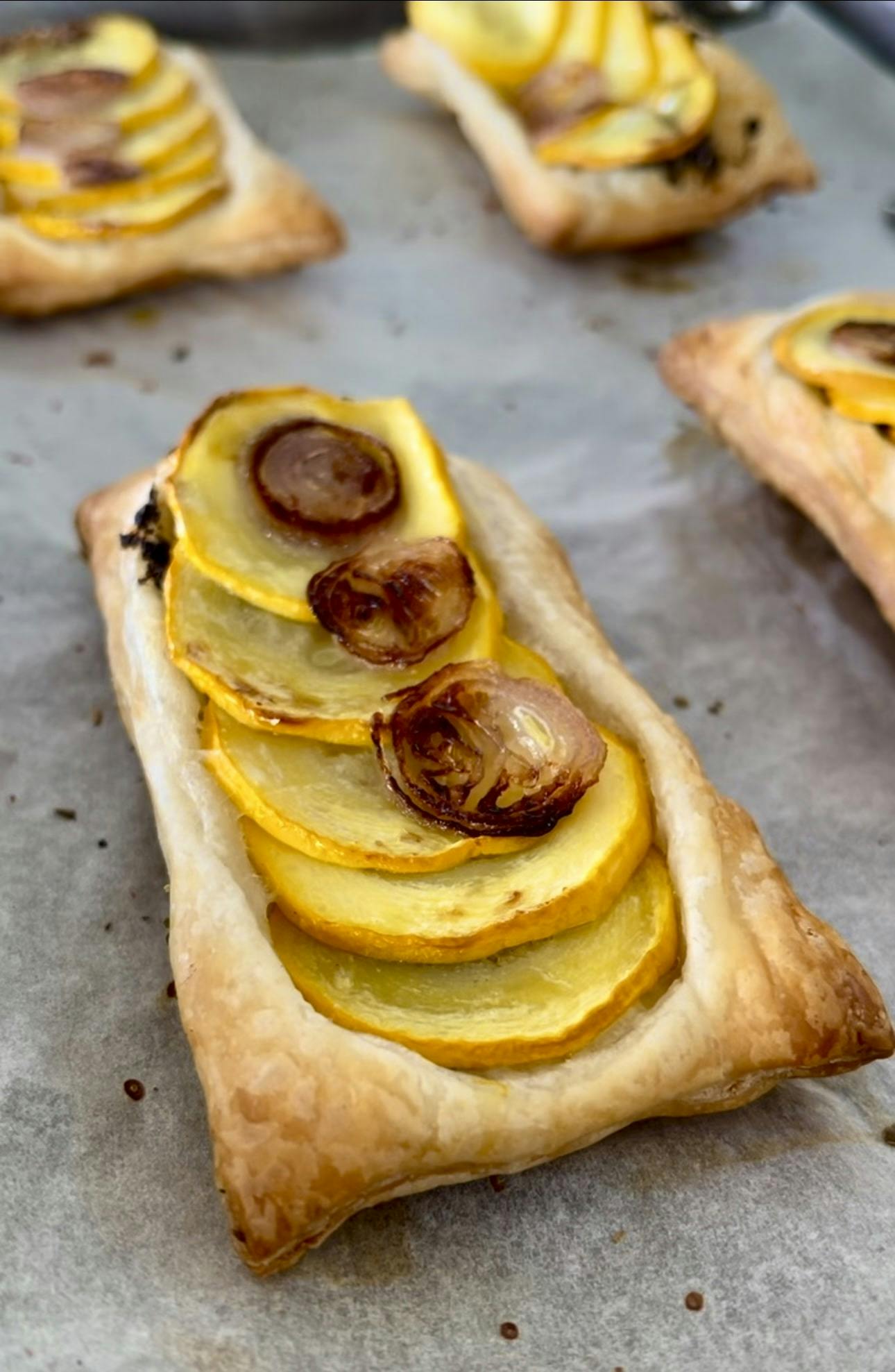 Upside down black truffle zucchini puff pastry