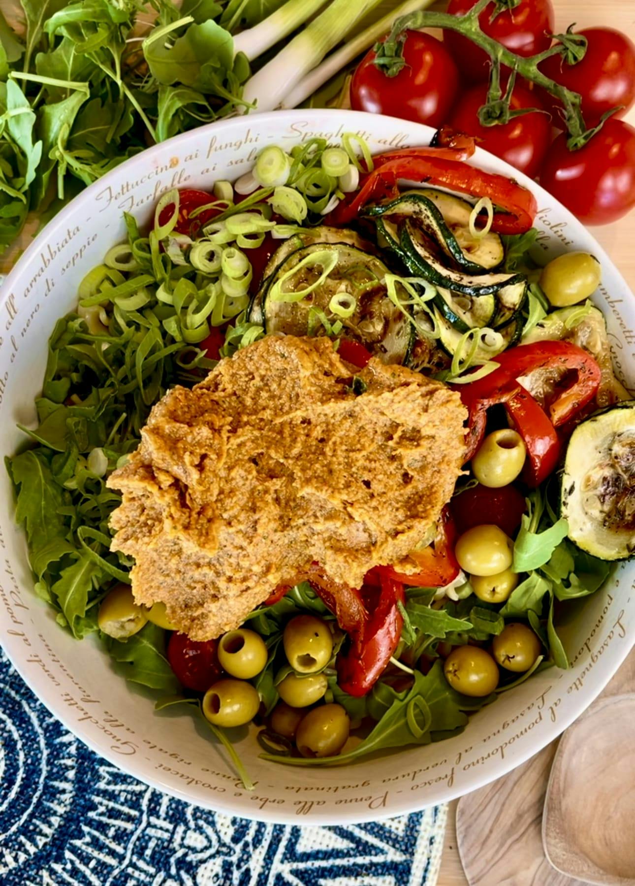 Pasta salad with grilled veggies and homemade pesto rosso