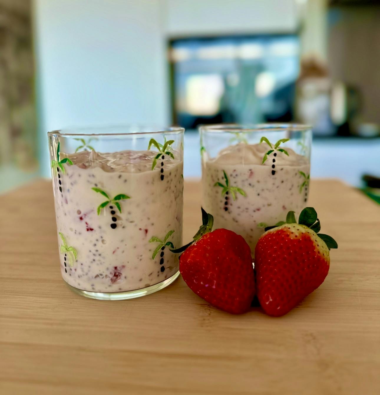 After work-out chia yogurt pudding with banana, strawberry and coconut