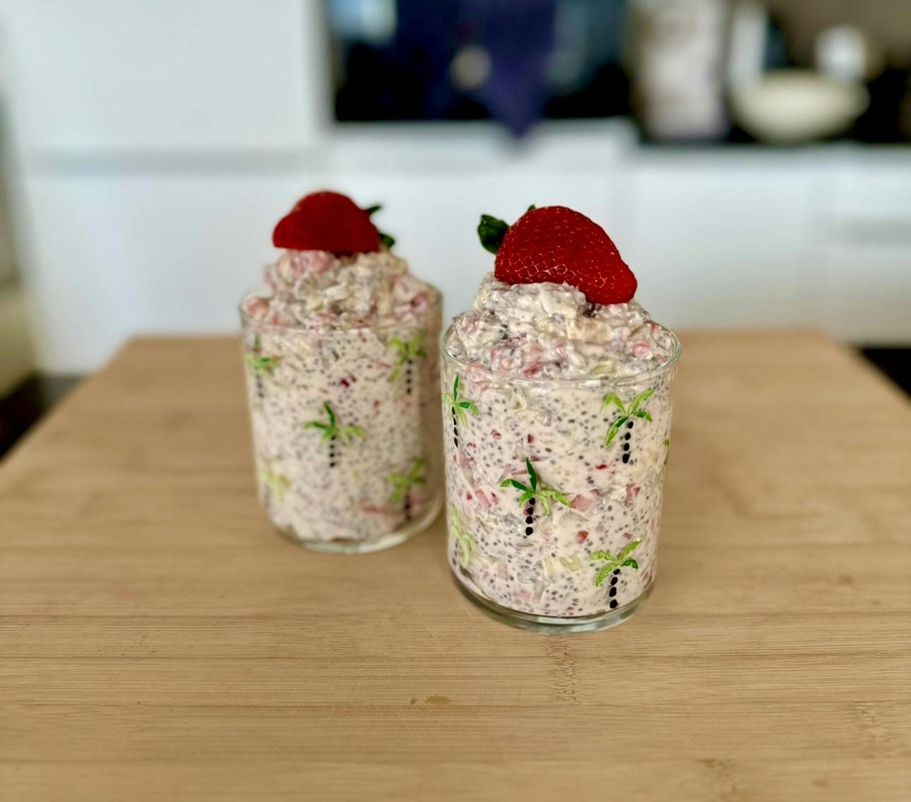 Protein chia pudding with strawberry, banana and kiwi