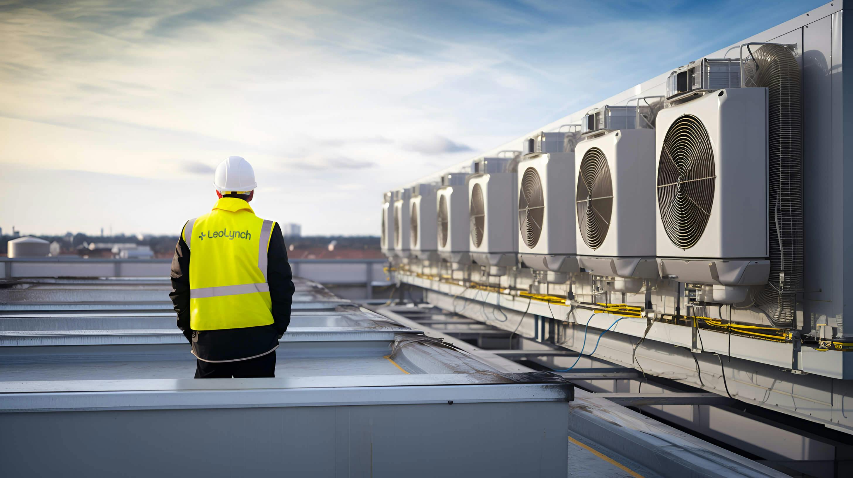 A male engineer on a rooftop next to HVAC systems. He is wearing Leo Lynch-branded 5 point PPE.