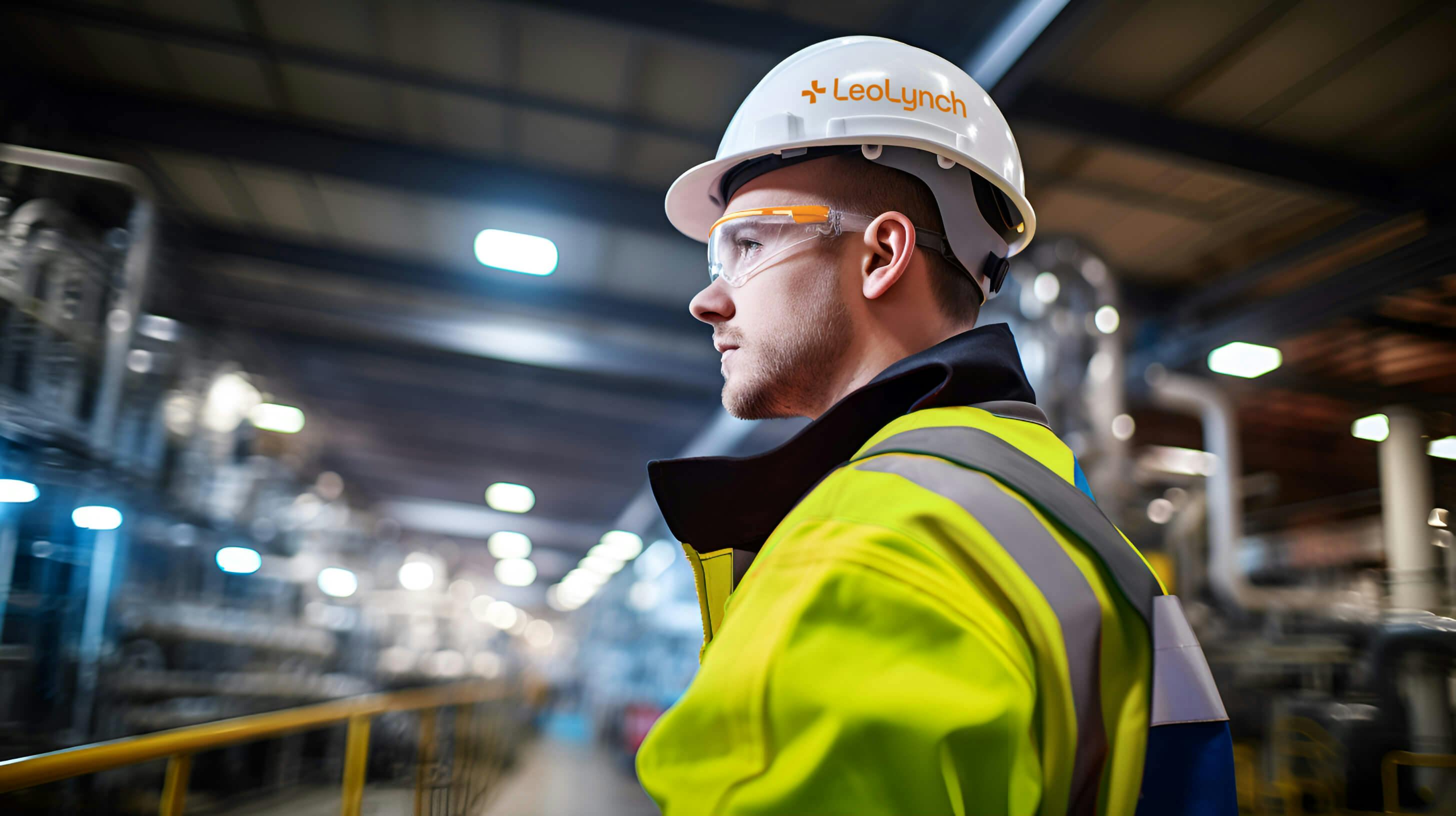 A male engineer gazing over an indoor site. He is wearing Leo Lynch-branded PPE