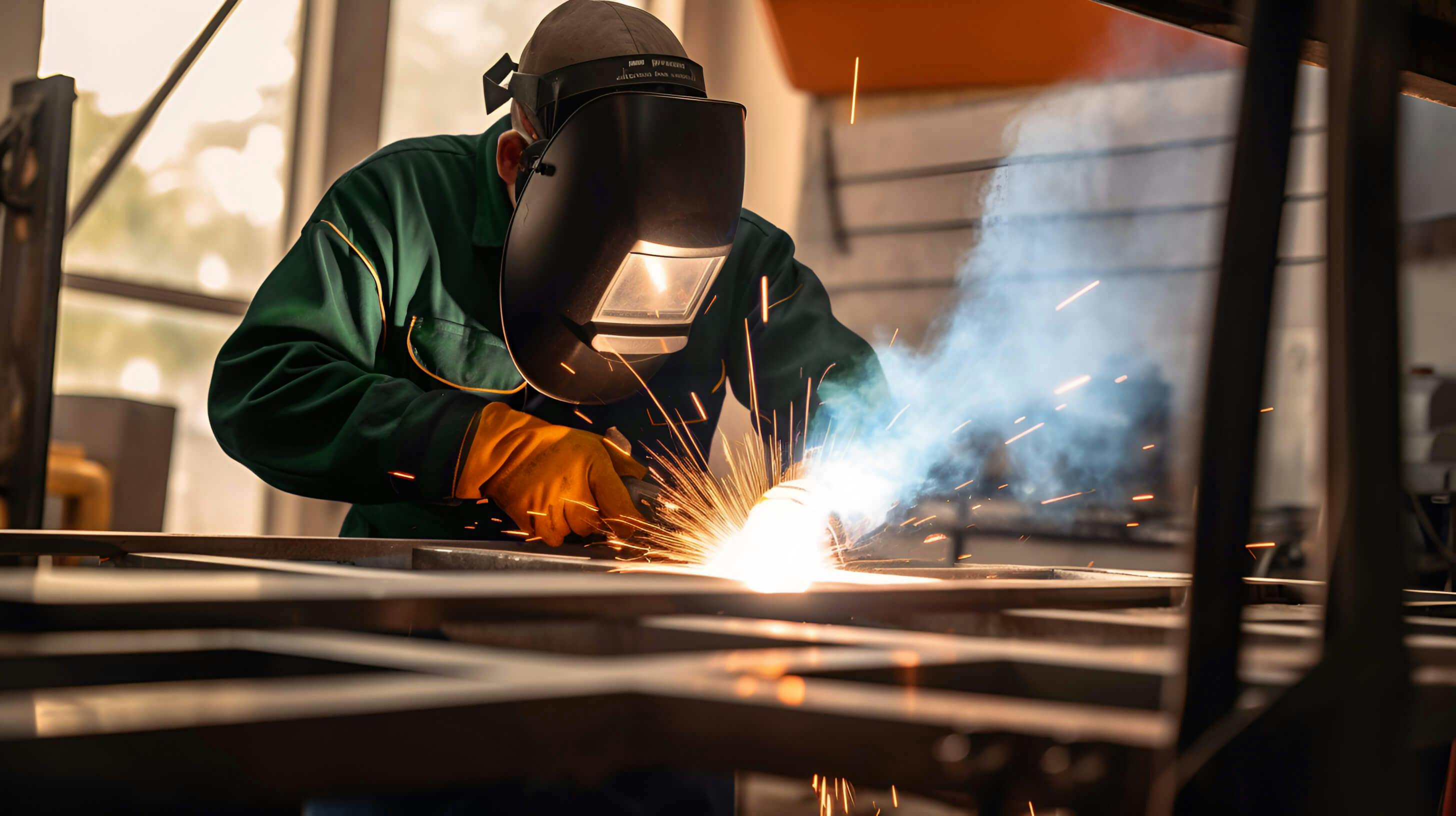 A welder working, with sparks flying off the metal.