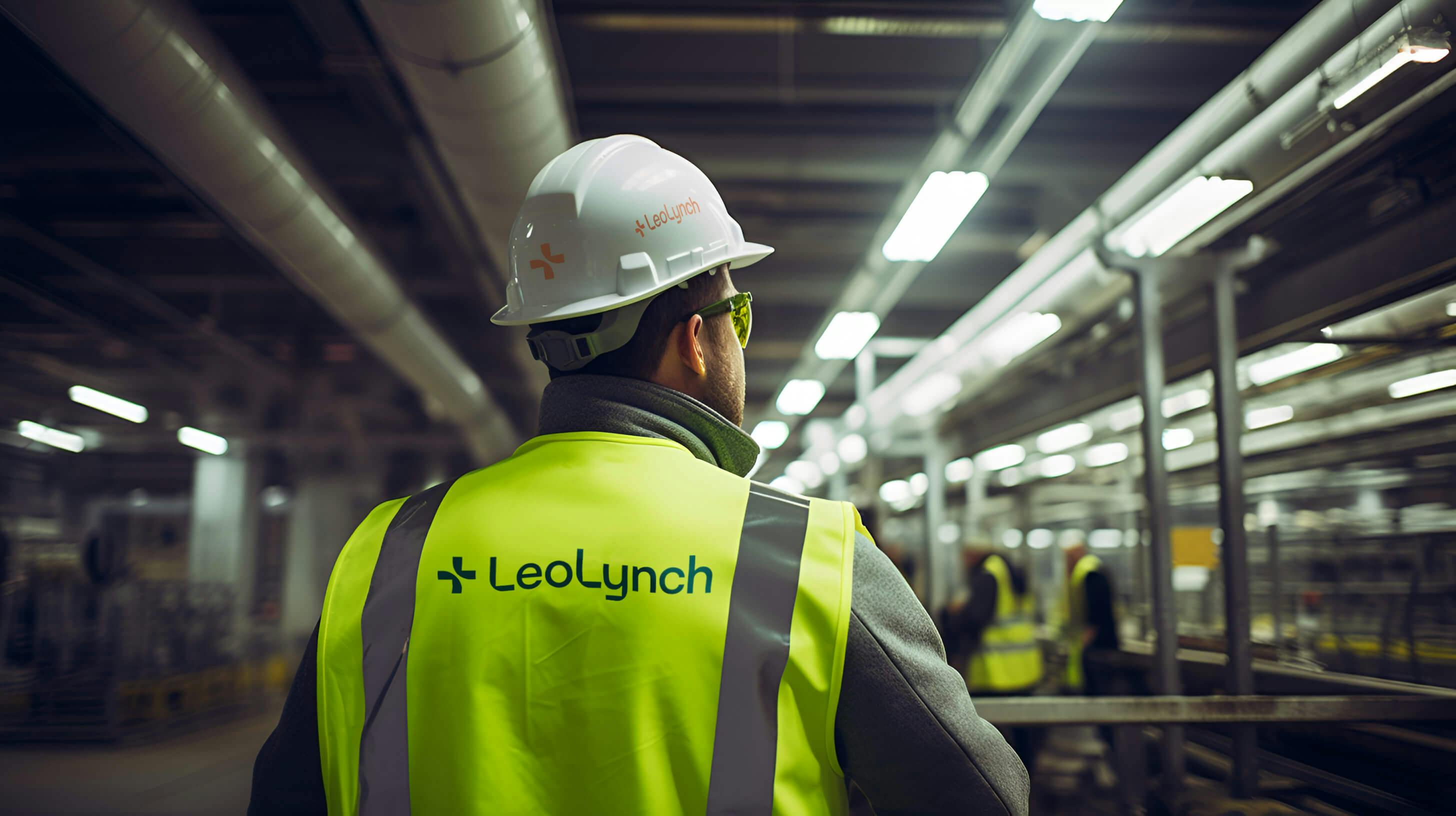 A male engineer overseeing colleagues, who are shown out of focus. He is wearing Leo Lynch-branded 5 point PPE.