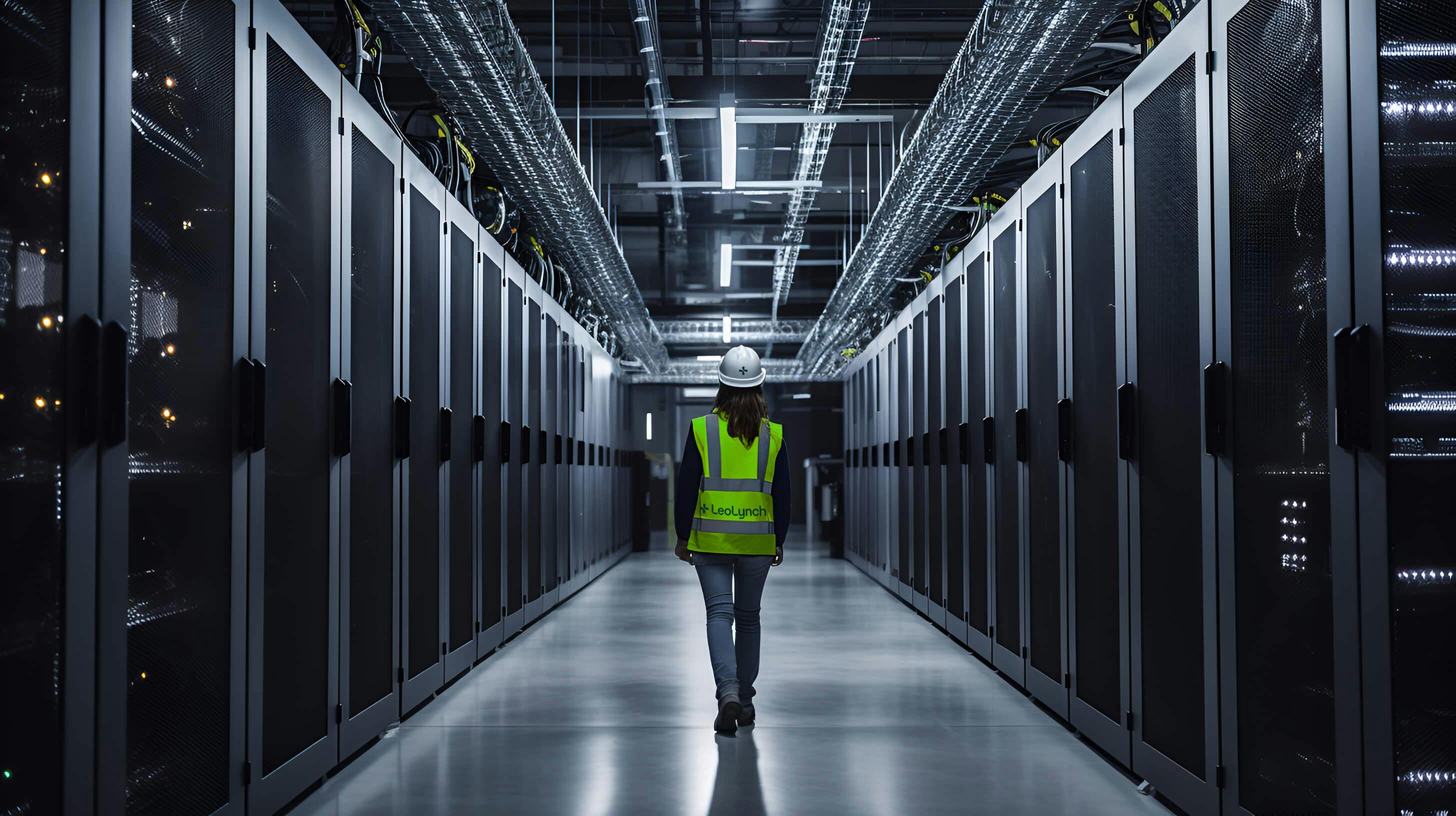 A female engineer walks through a data centre room. She is wearing Leo Lynch-branded PPE