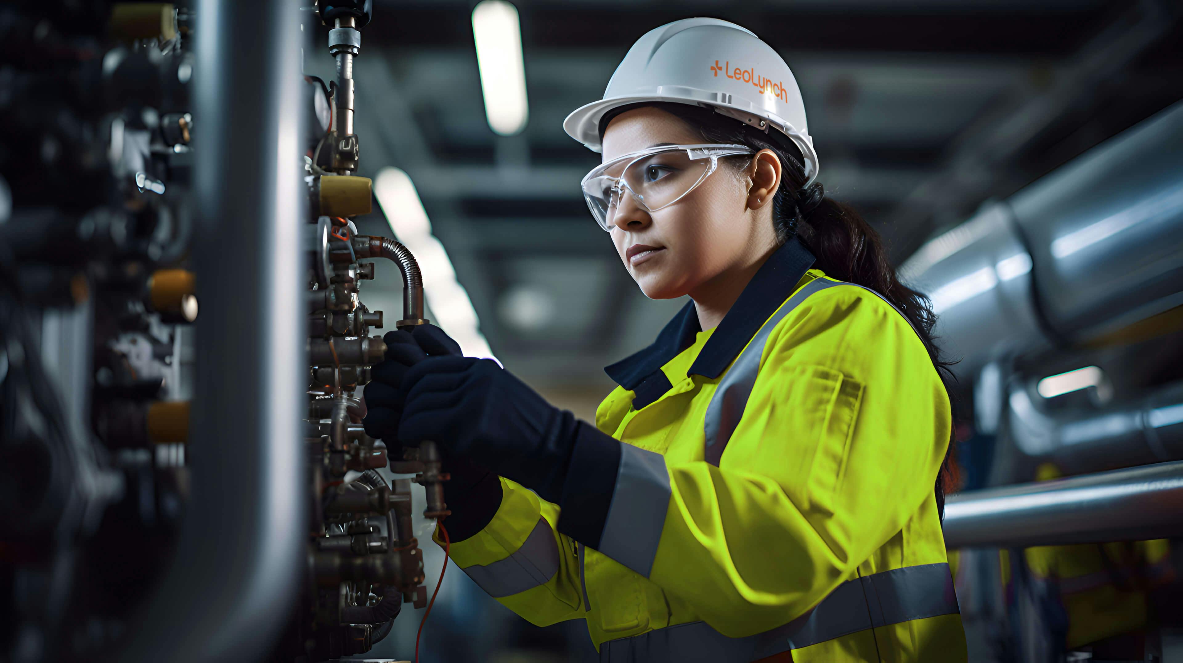 A female engineer working with machinery. She is wearing Leo Lynch-branded 5 point PPE