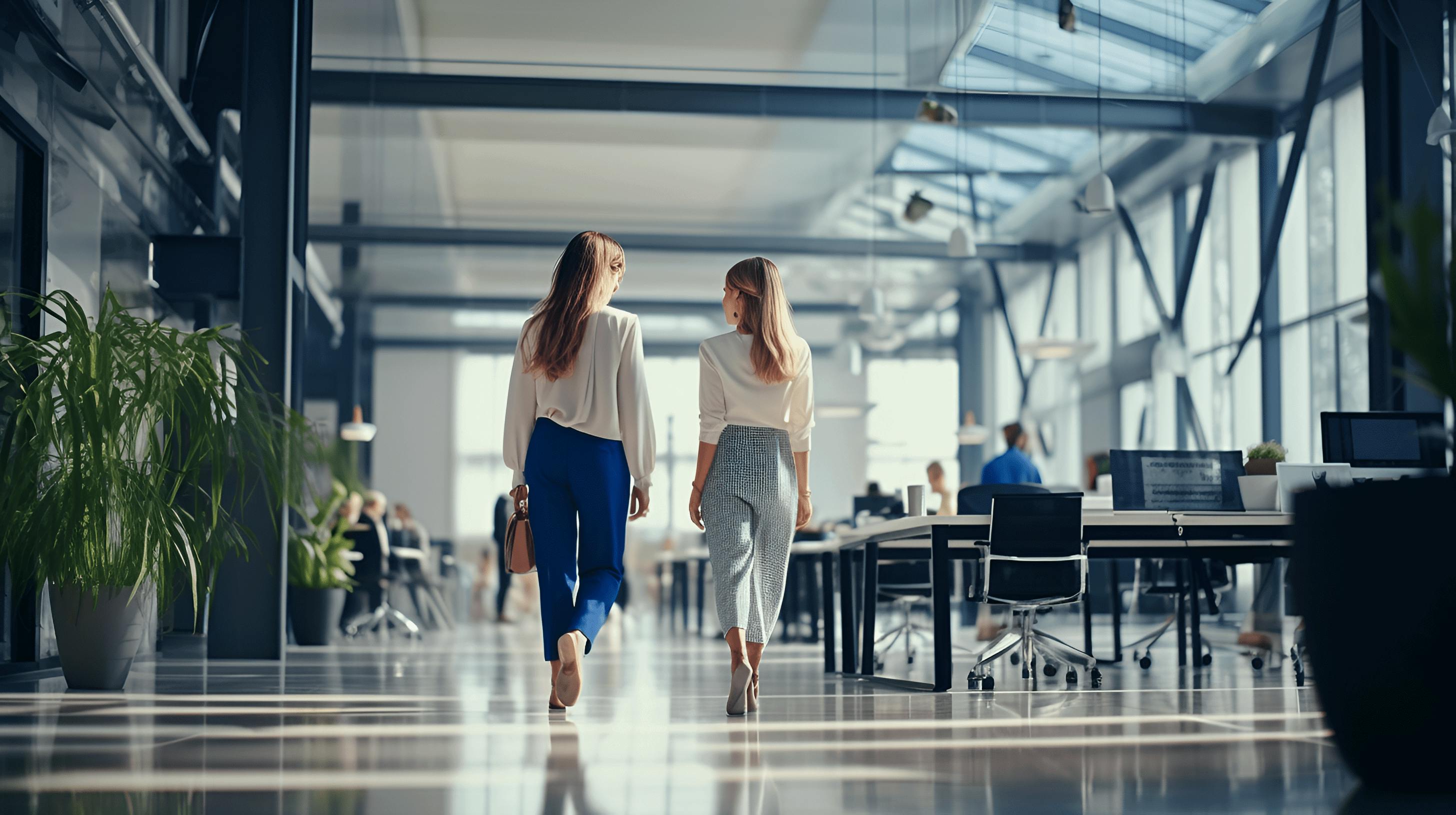 Two office workers walk through a bright, open plan office 