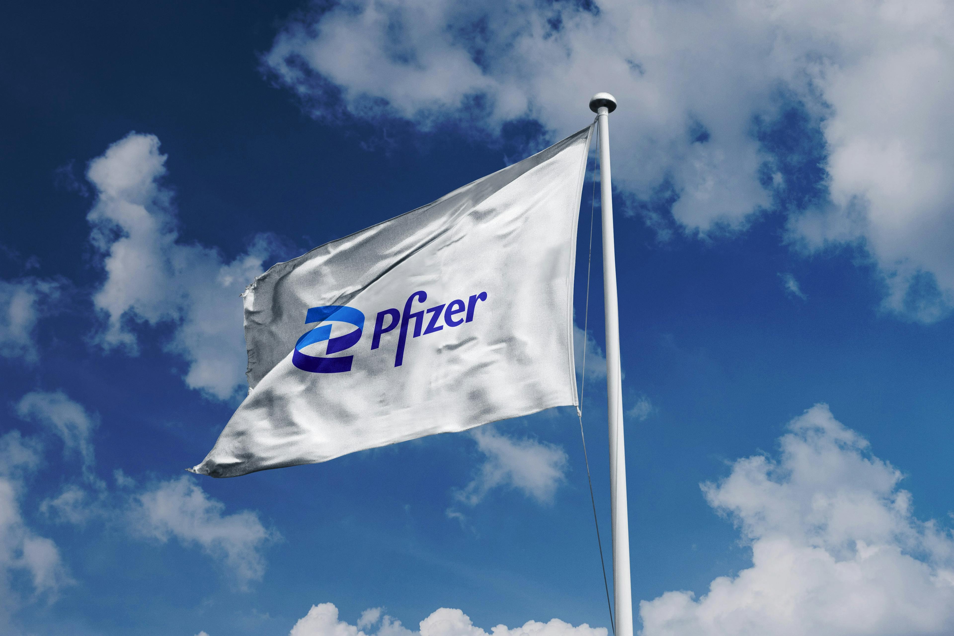 A white flag with Pfizer's name and logo in blue, flying against a blue sky