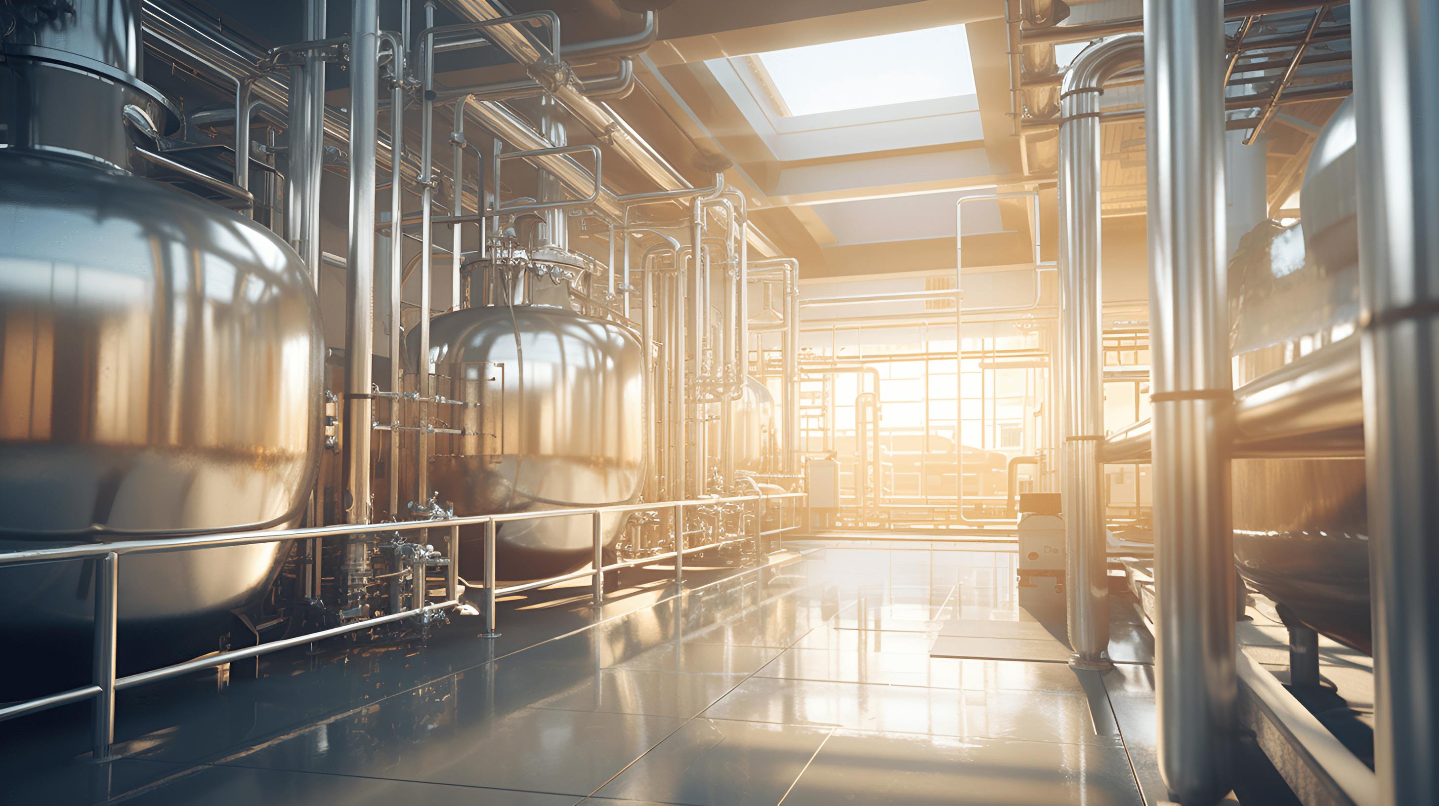 A factory space with generic beverage manufacturing machines; the sun is shining into the building