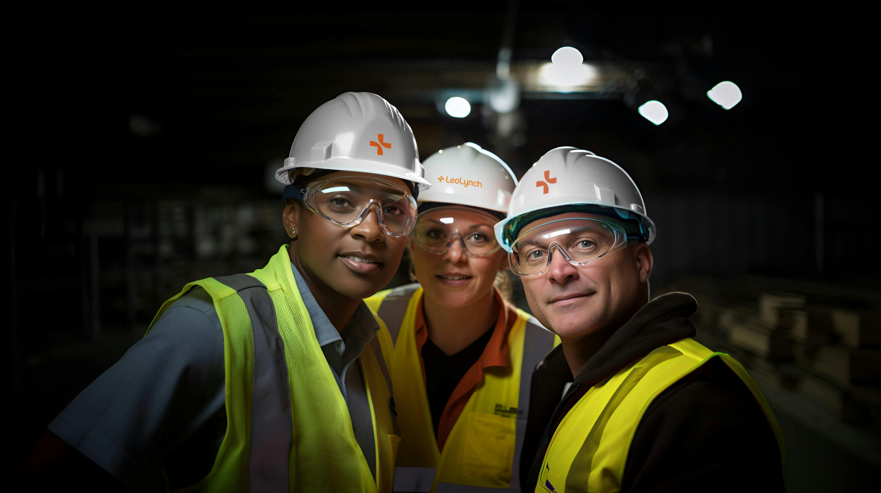 3 colleagues, diverse in gender, age and race, on site together. They are wearing Leo Lynch-branded 5 point PPE