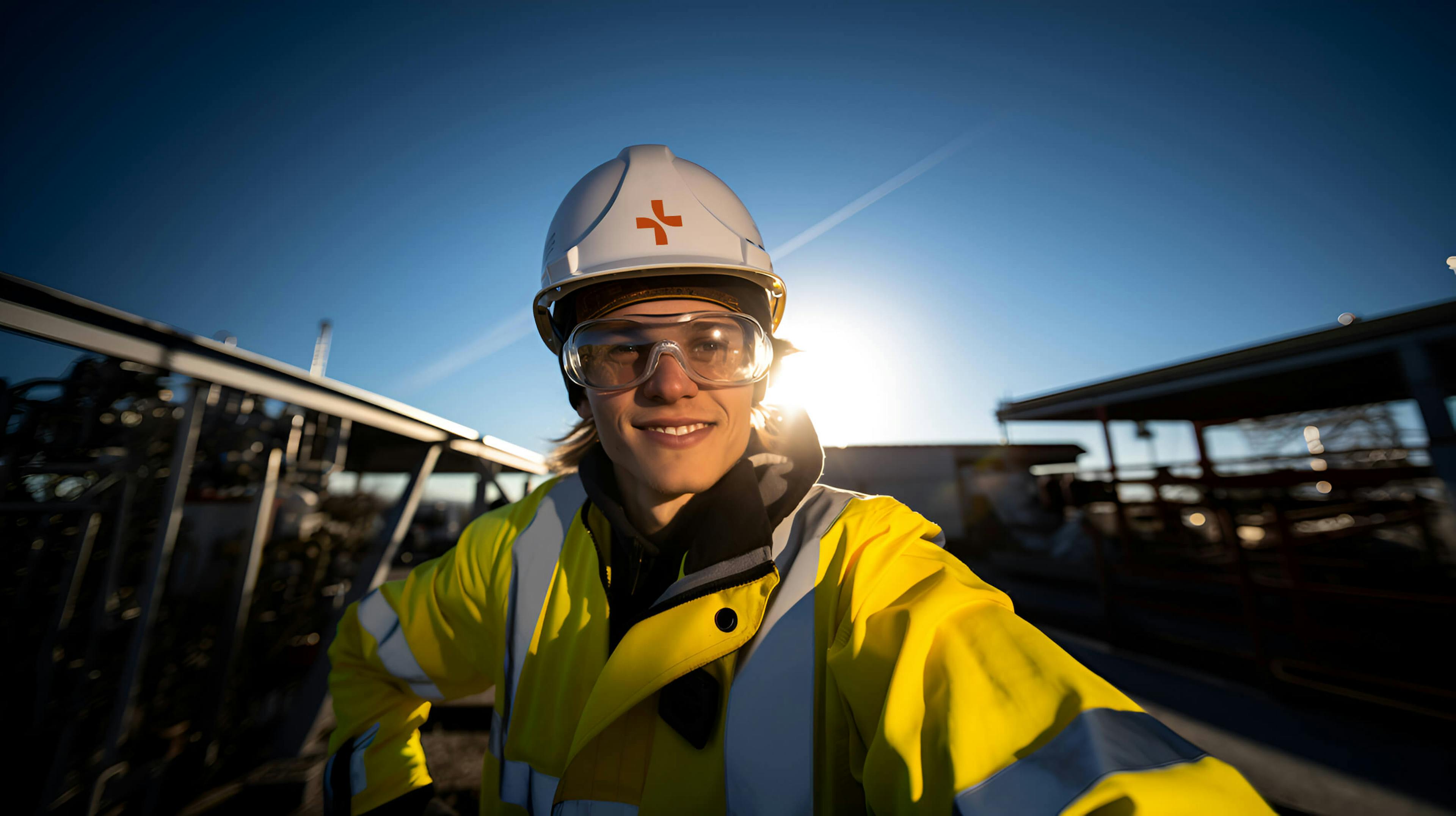 A smiling, female engineer on site. The sun is behind her. She is wearing Leo Lynch-branded PPE